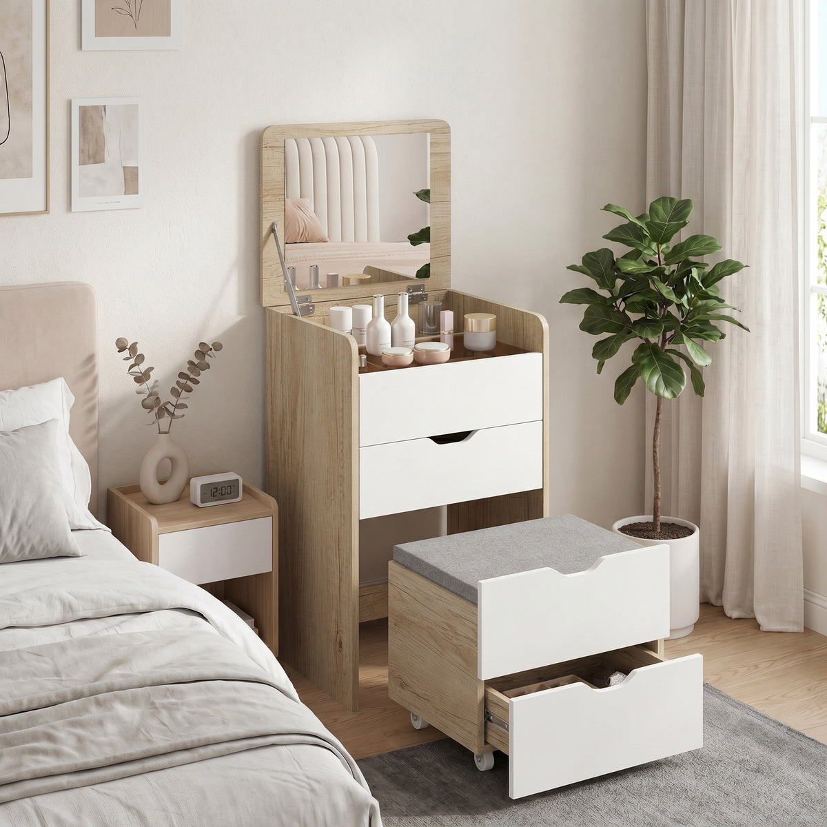 Dressing table with flip-top mirror and storage stool, makeup table, 2 drawers, padded seat, white oak
