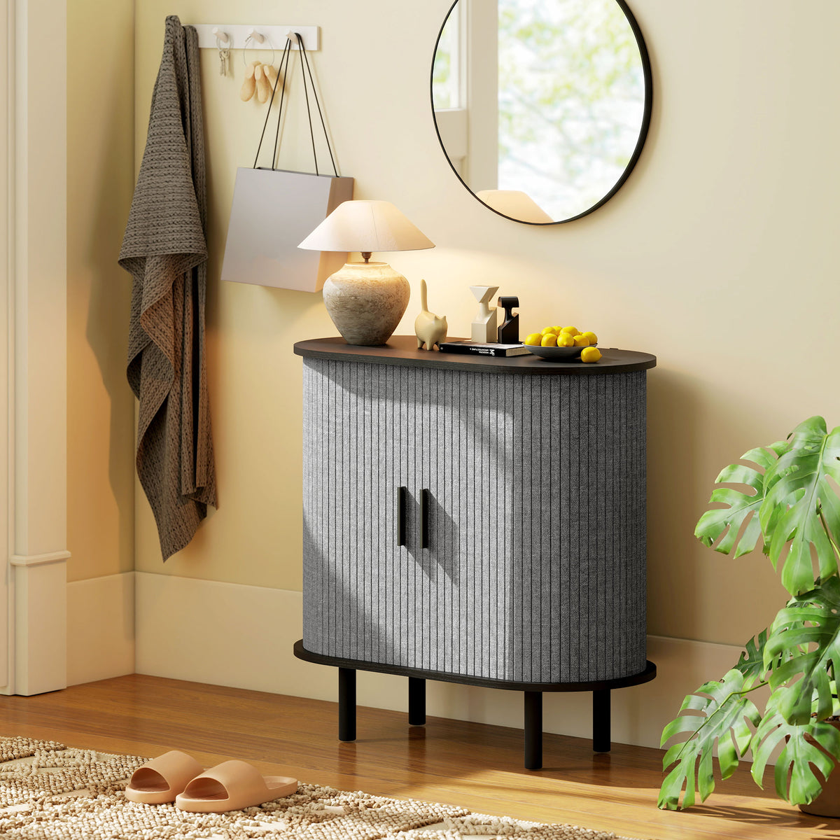 Dressoir voor de woonkamer, ovaal opbergmeubel met 2 schuifdeuren en 2 compartimenten, 80 x 40 x 78 cm, grijs
