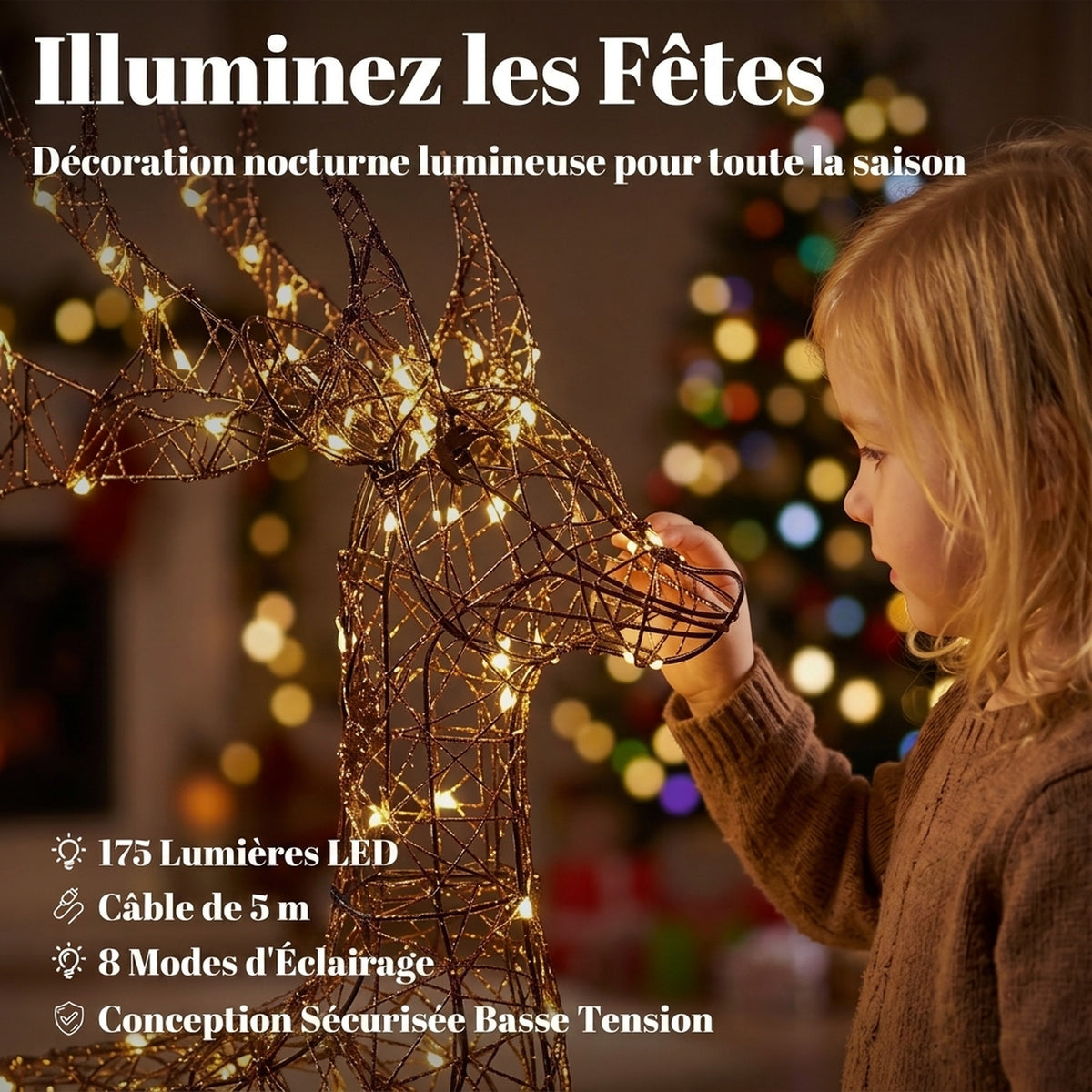 Renna di Natale con Slitta Luminosa 2 Pezzi in Rattan PP, 175 LED Bianco Caldo, 8 Modalità, Timer, 82x32x120cm, Marrone