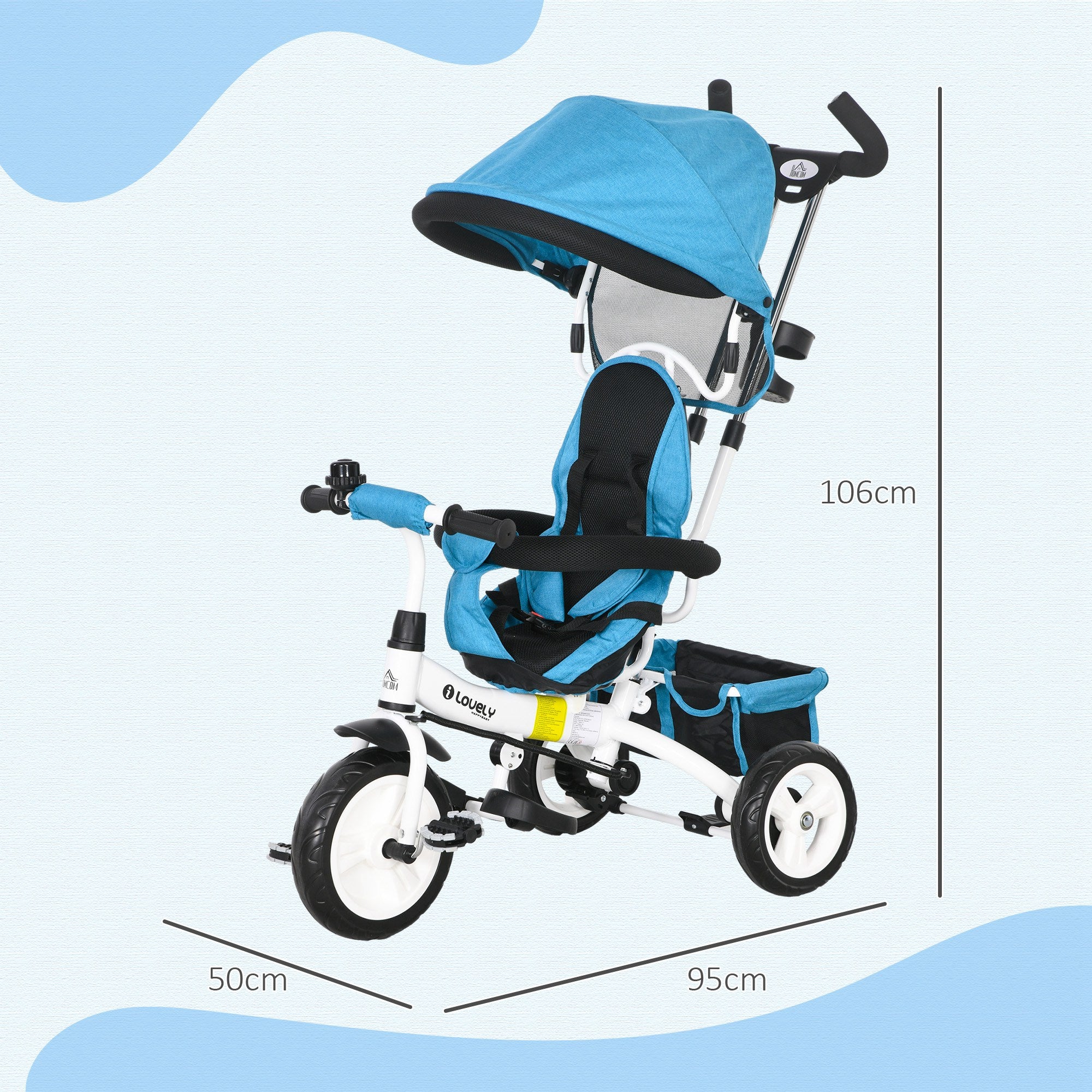 Tricycle 6 en 1 pour enfants, auvent, ceinture de sécurité 5 points, rangement, repose-pieds, frein, 1-5 ans, bleu