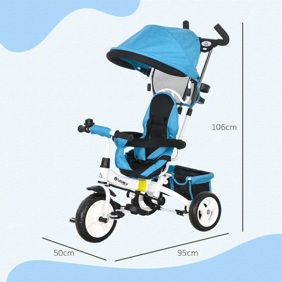6-in-1-Dreirad für Kinder, Sonnendach, 5-Punkt-Sicherheitsgurt, Stauraum, Fußstütze, Bremse, 1–5 Jahre, blau