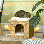 Niche pour chat 2 niveaux avec 2 coussins en jacinthe d'eau - 37,5 x 37,5 x 41,5 cm marron crème