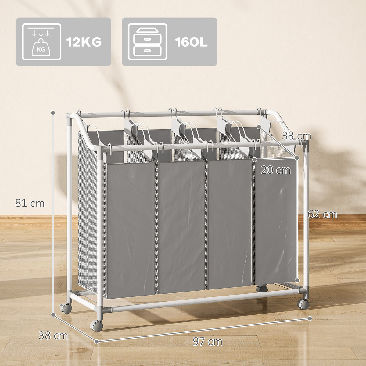 Panier à linge mobile, chariot linge sale, corbeille à roulettes avec 4 sacs amovibles, 4 x 40L, 97 x 38 x 81 cm, gris