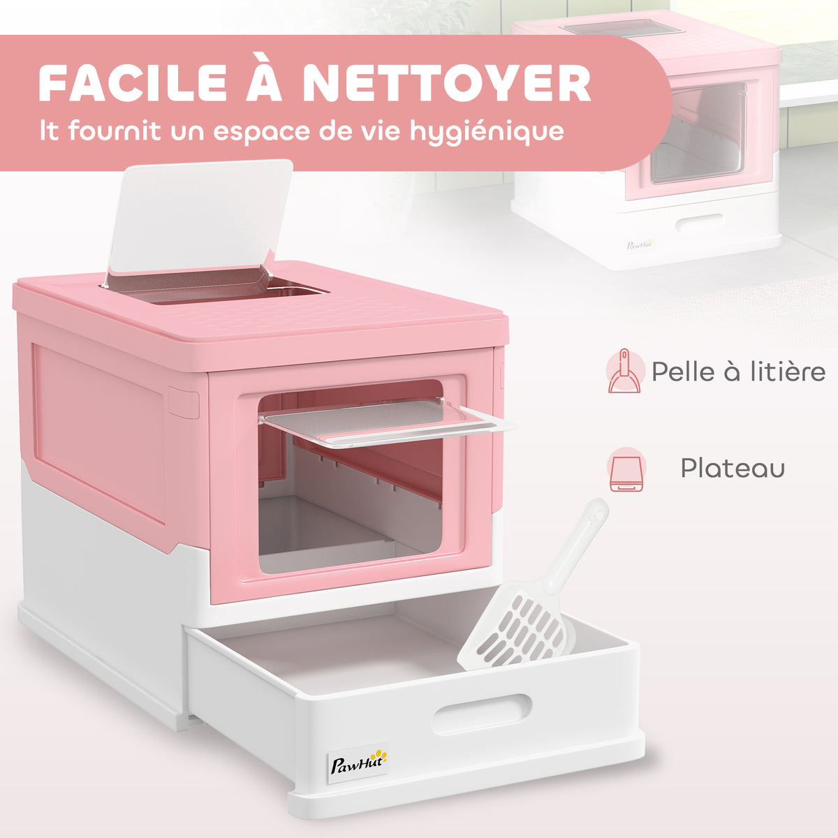 Lettiera per gatti pieghevole con doppia porta a battente e apertura superiore, paletta inclusa, 47,5 x 35,5 x 36,7 cm, rosa