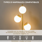 Lampadaire sur pied salon en métal avec 3 abat-jours globe blanc verre dépoli 40W Ø 27 x 169H cm doré