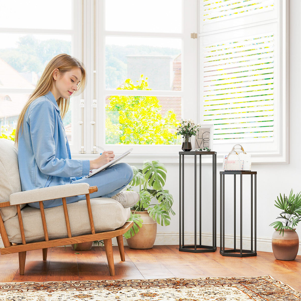 Set di 2 supporti per piante, sgabello esagonale in metallo per fiori, per interni ed esterni, nero