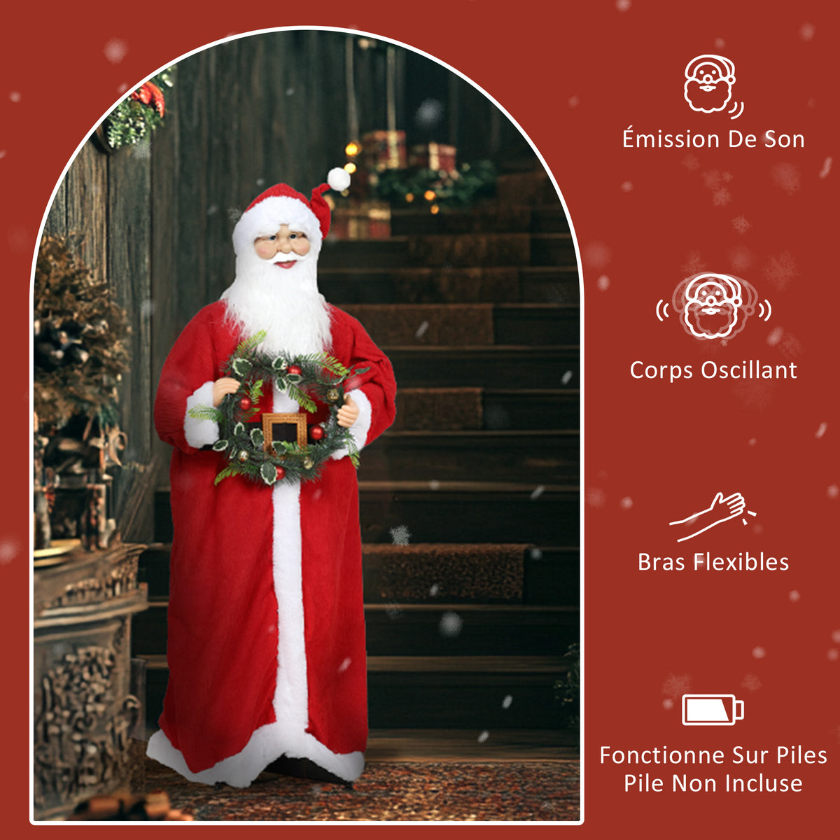 Figurine de Père Noël, debout de Père Noël, commande vocale, musique festive, bras pliables, 110 cm, rouge