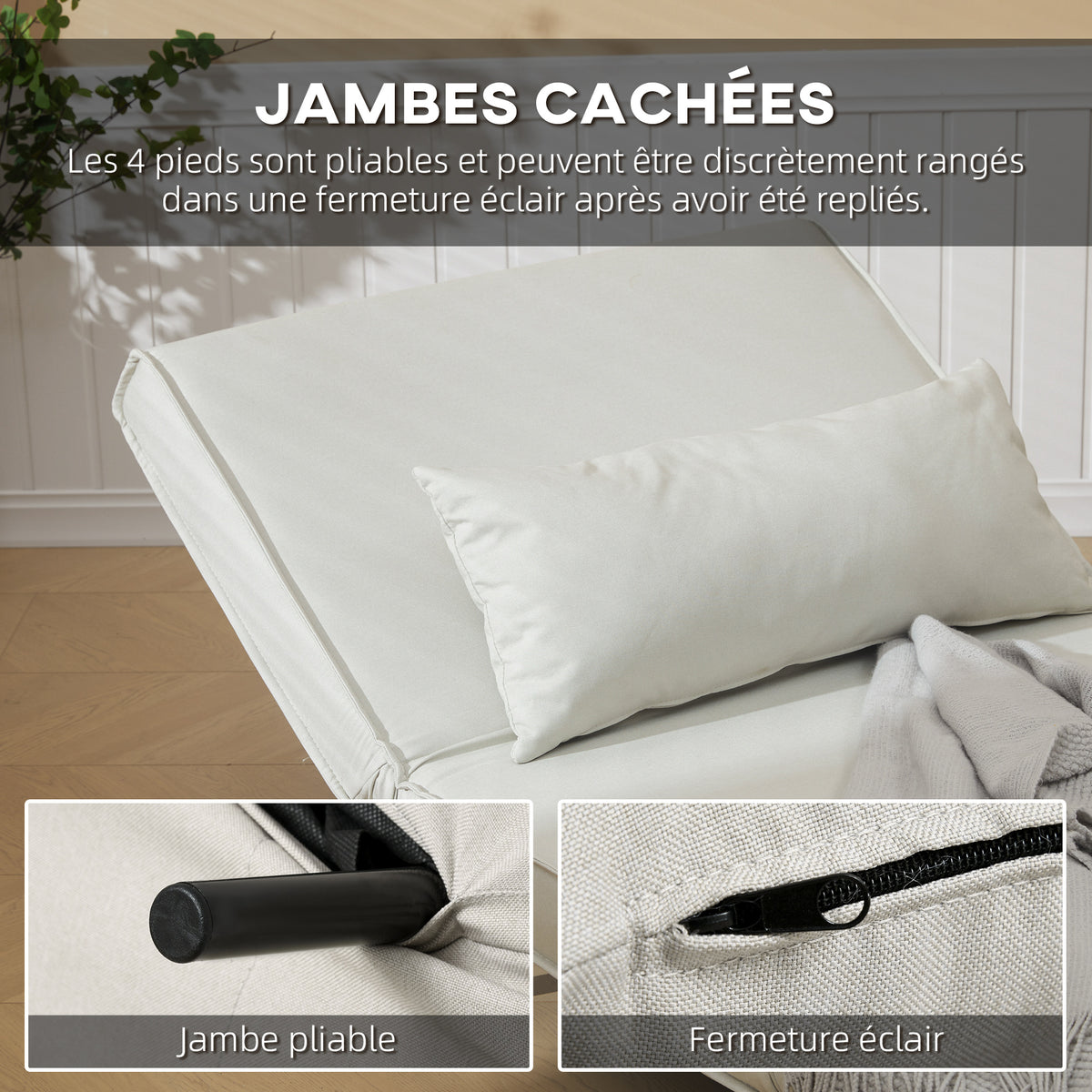 Canapé-lit 1 place avec dossier réglable, coussin inclus et pieds pliables charge 120 kg blanc