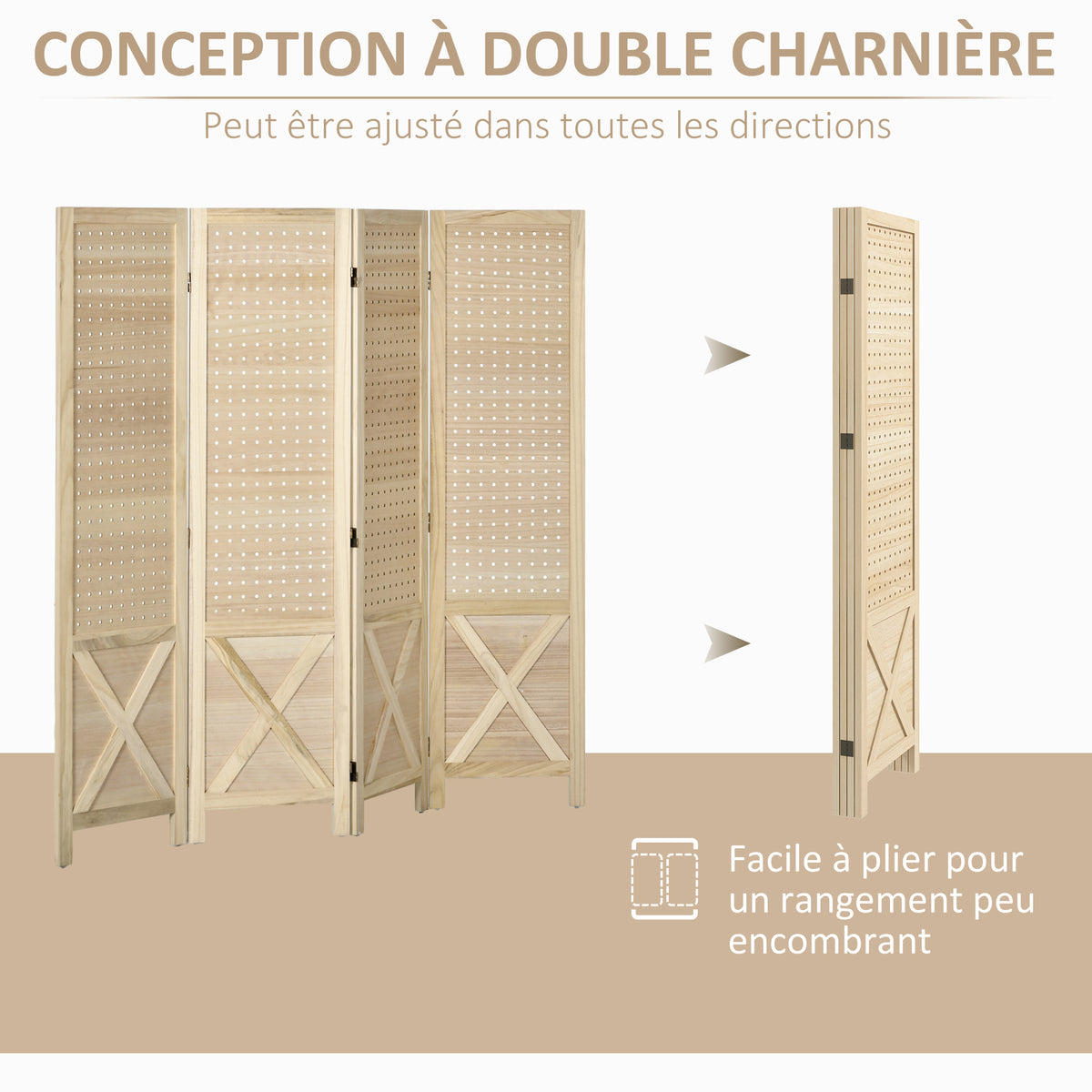 Paravent intérieur en bois 4 panneaux séparateur de pièce pliable panneau perforé 152 x 1,7 x 144,5 cm bois naturel