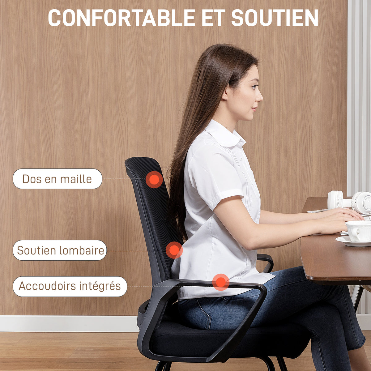 Chaise de bureau ergonomique sans roulettes, chaise de conférence avec dossier en maille, soutien lombaire, noir
