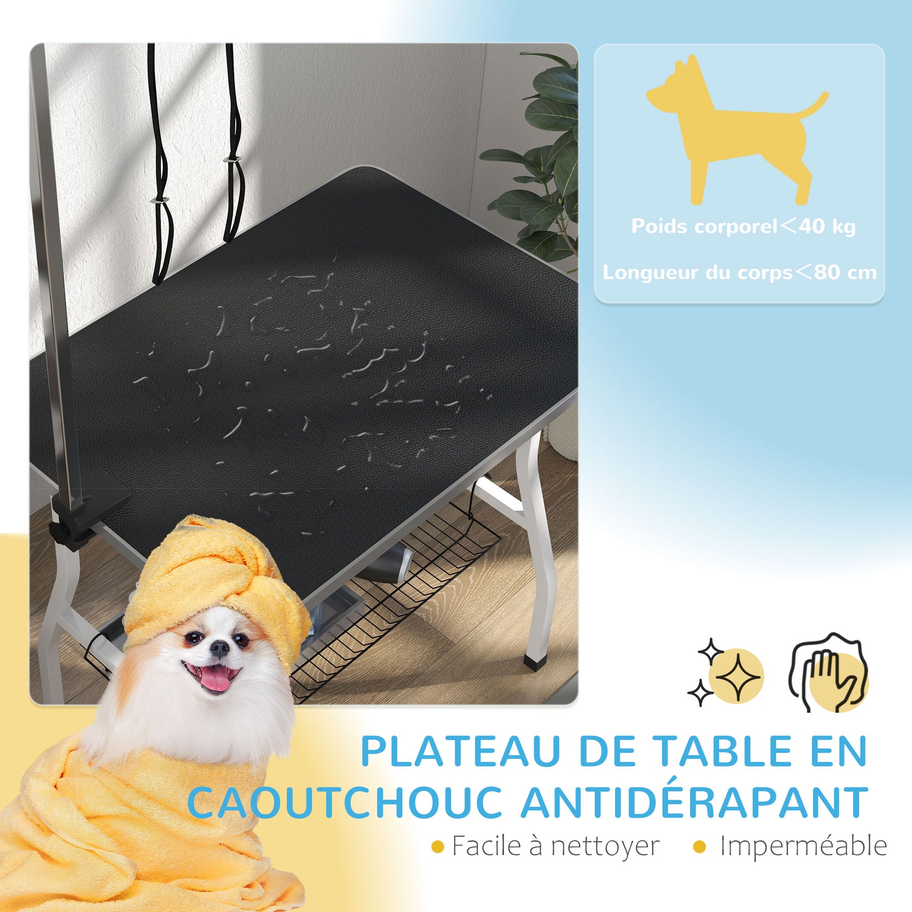 Table de toilettage pour chien pliante plateau antidérapant en caoutchouc avec 2 sangles 90 x 60 x 76 cm noir
