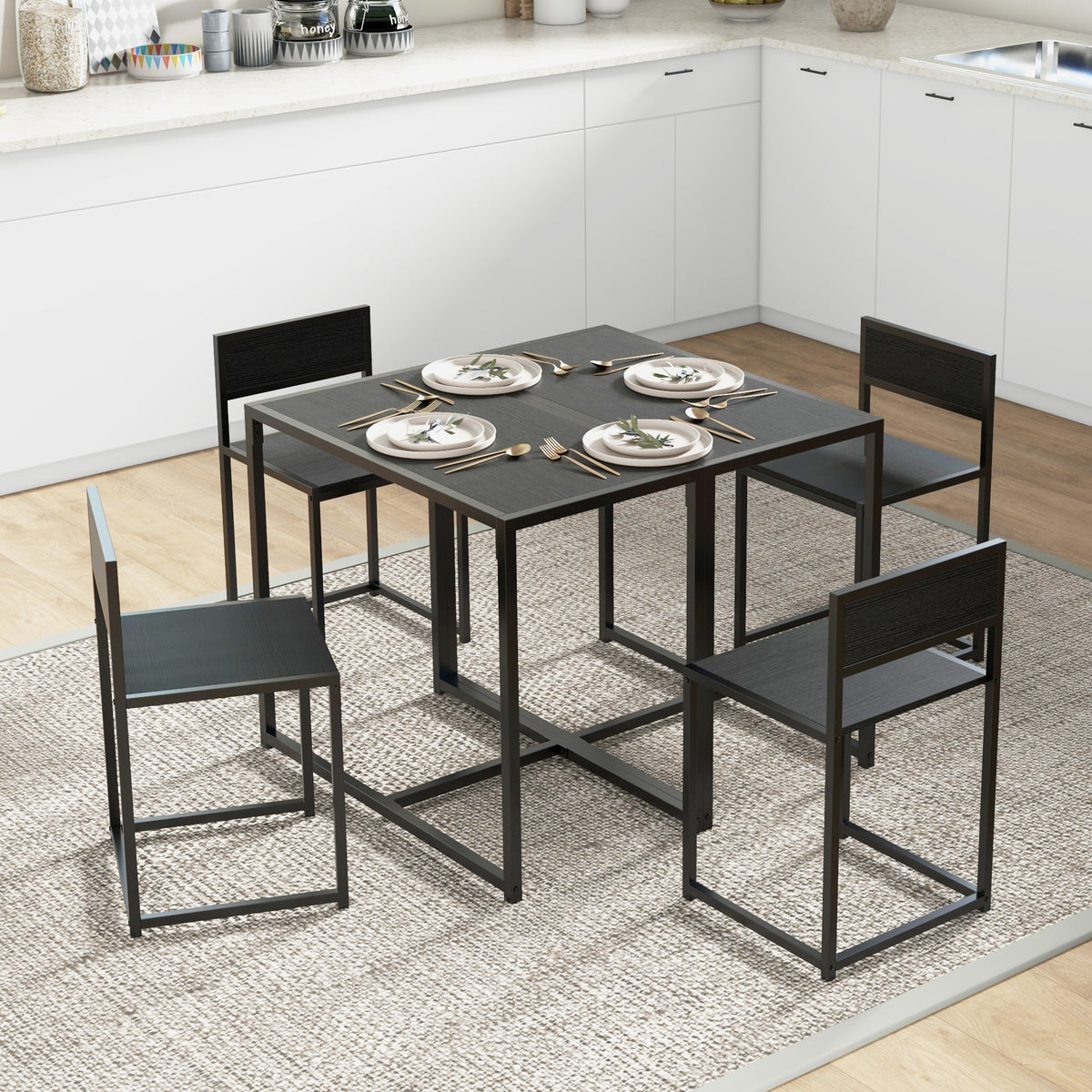 Ensemble table et chaises , table à manger 3 pièces avec 2 chaises encastrables, pour cuisine salon maison, noir