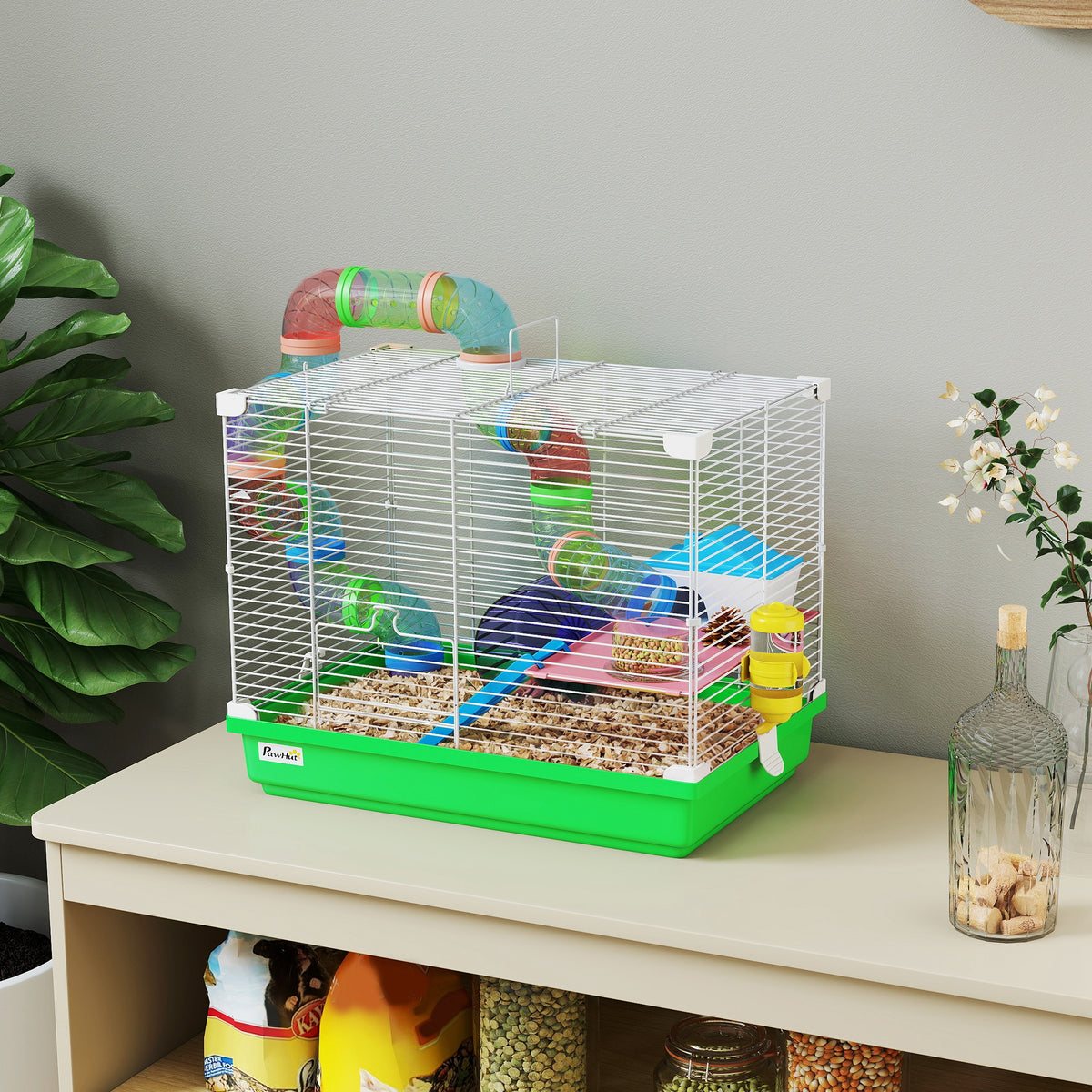Cage à hamster rongeur 2 niveaux avec tunnel, biberon eau, roue, maisonnette, échelles 46 x 30 x 37 cm vert