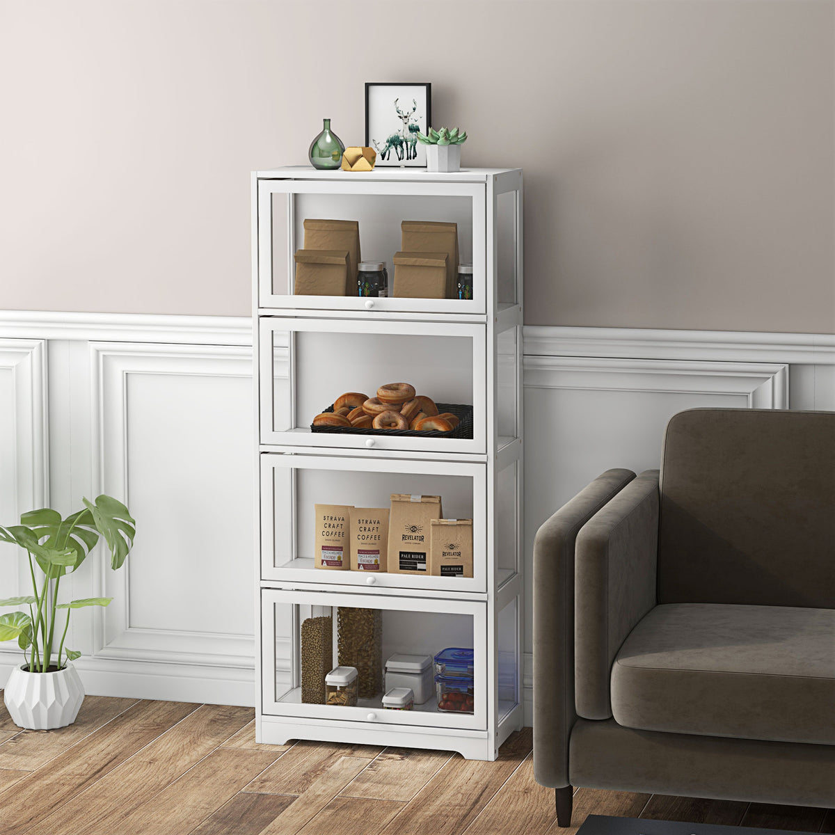 Vitrina para colección, aparador de salón, mueble de almacenaje de 4 niveles con puertas abatibles, 59 x 30 x 139 cm, blanco