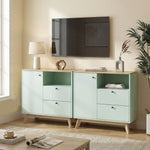 Buffet salon, meuble de rangement avec porte, 2 tiroirs, compartiment ouvert et étagère réglable, vert clair et chêne