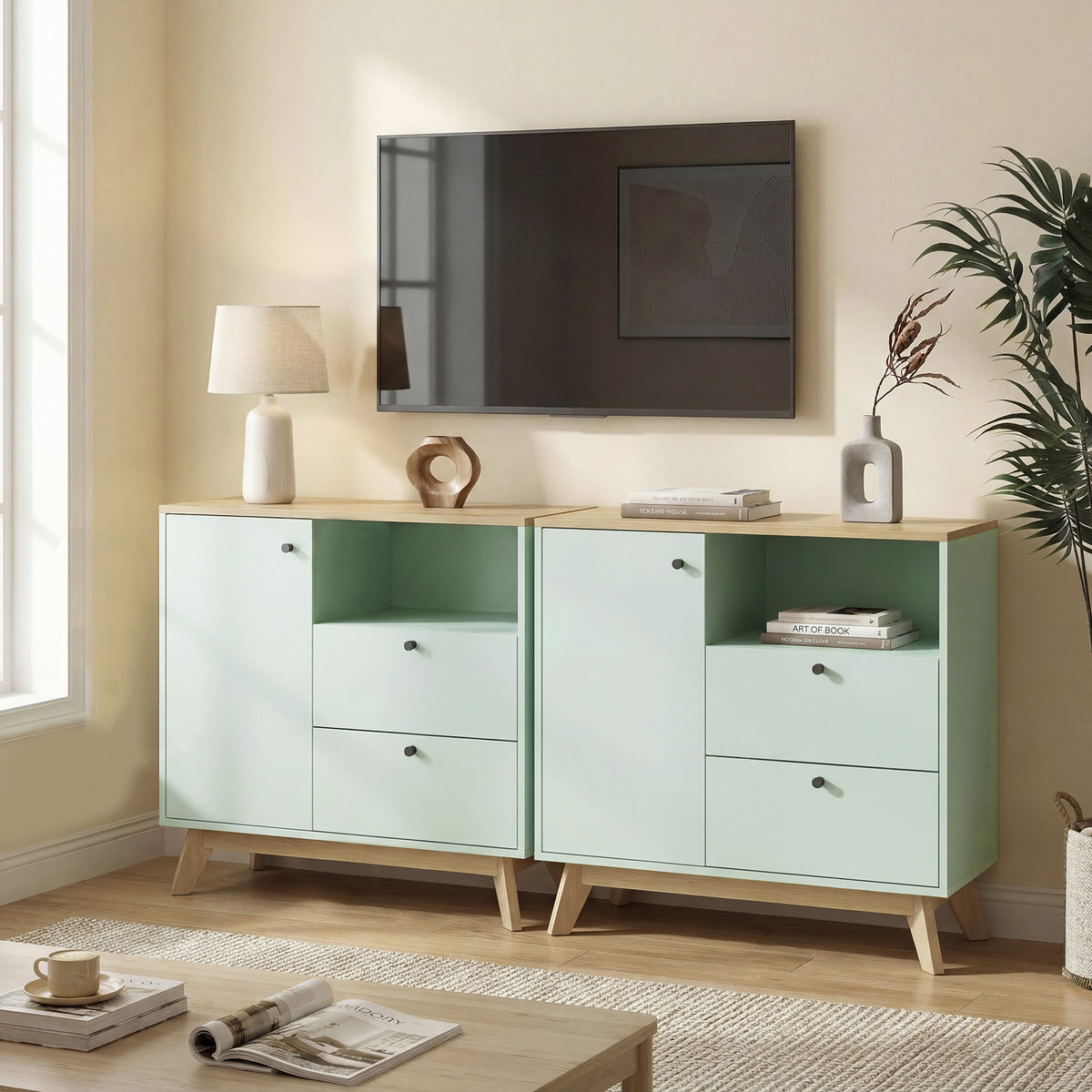 Buffet salon, meuble de rangement avec porte, 2 tiroirs, compartiment ouvert et étagère réglable, vert clair et chêne