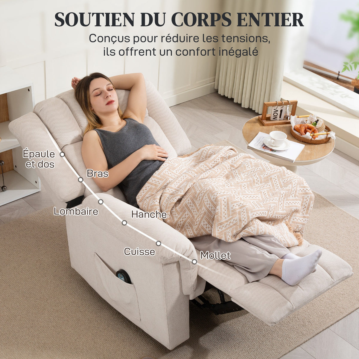 Fauteuil relax massant et chauffant, fauteuil inclinable, dossier réglable manuellement, 85x91x104cm, beige