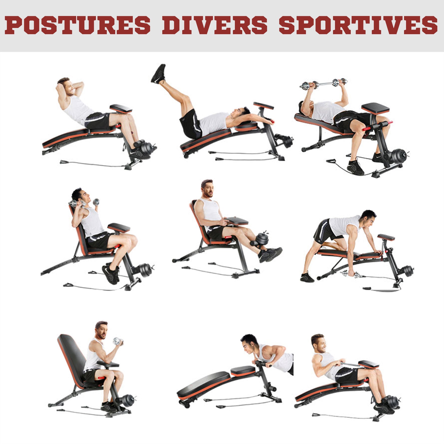 Banc de musculation pliable inclinable, banc réglable pour le développé couché, le curl biceps, la musculation du dos et des abdominaux, avec extenseur des jambes, acier, noir rouge