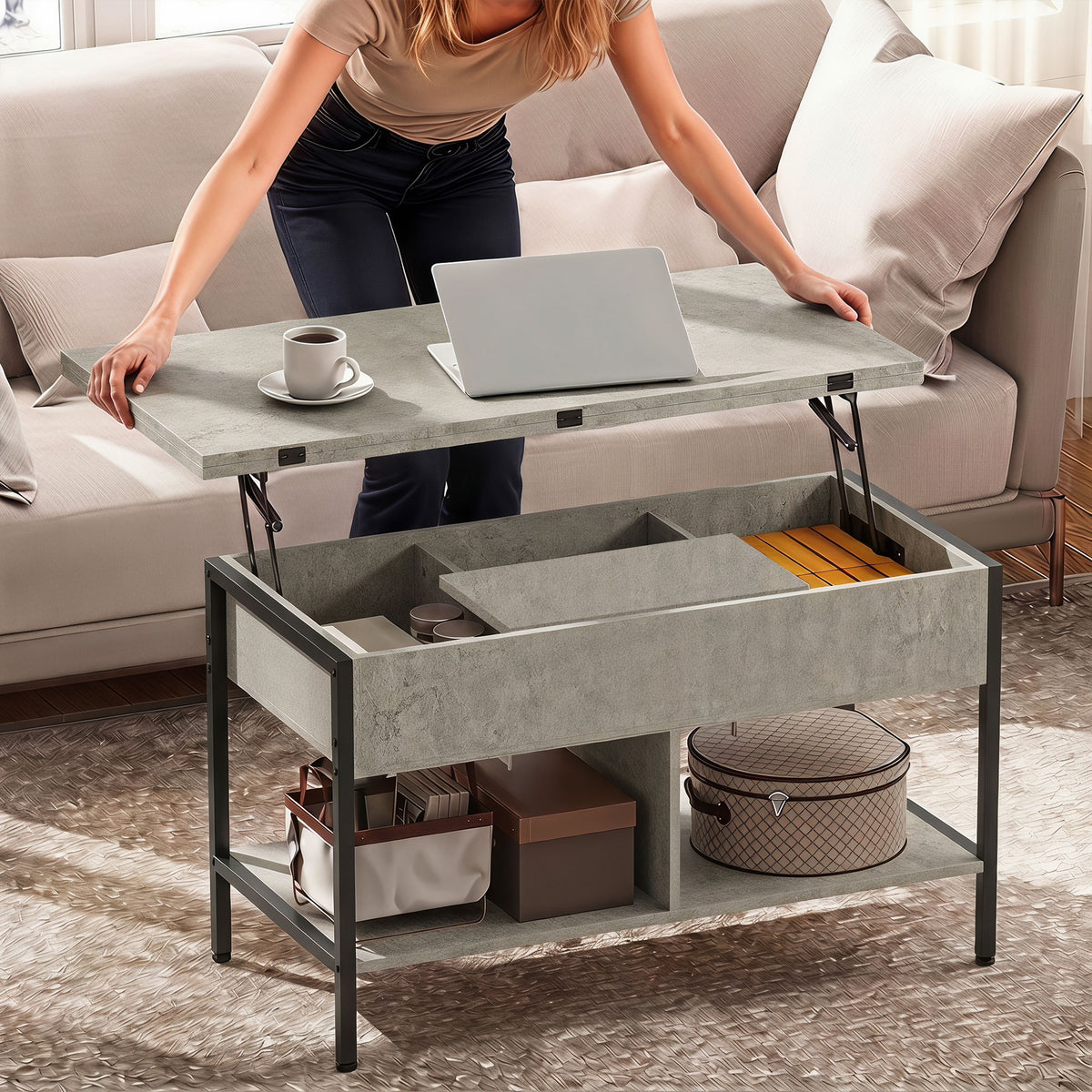 Table basse relevable et extensible, table de salon avec compartiment caché étagères ouvertes, 98x49x55cm, gris