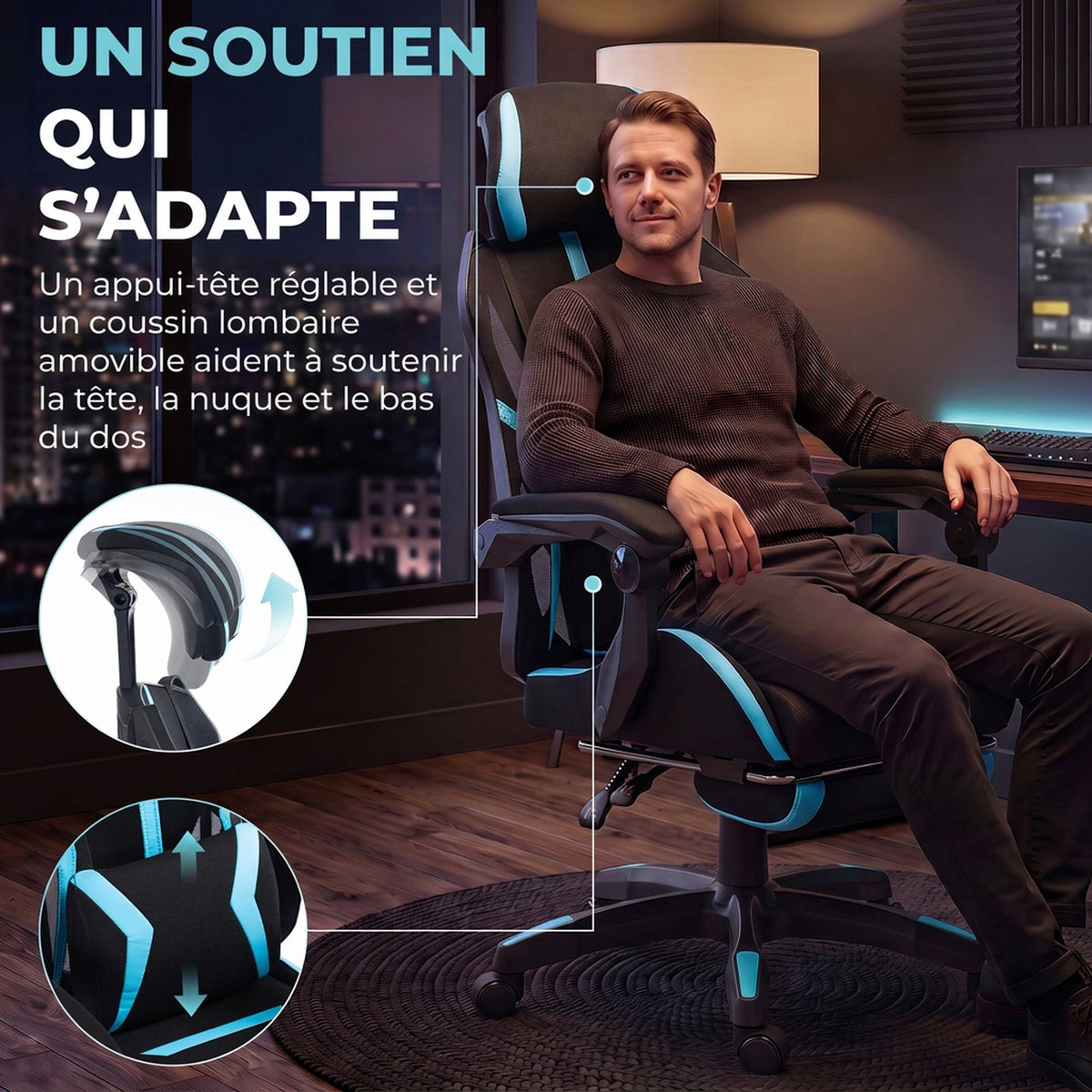 Ergonomic Gaming Chair, Reclining Mesh Gaming Chair with Adjustable Headrest, Lumbar Support, Black and Blue