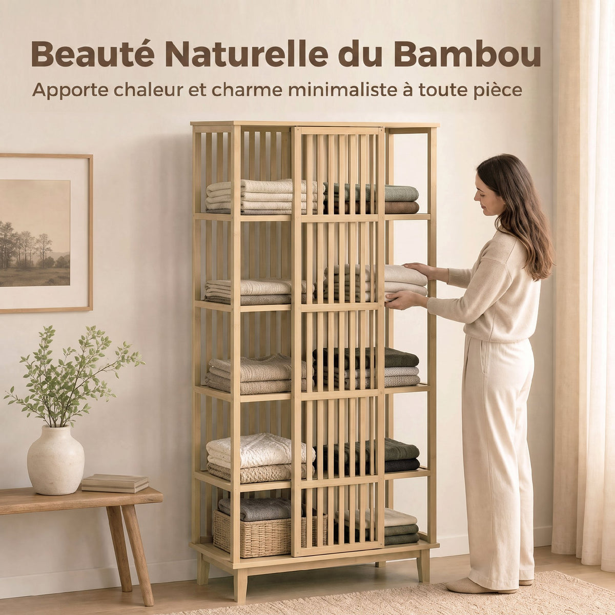 Armadio guardaroba in bambù a 5 livelli con anta scorrevole, design a doghe traspirante, legno naturale
