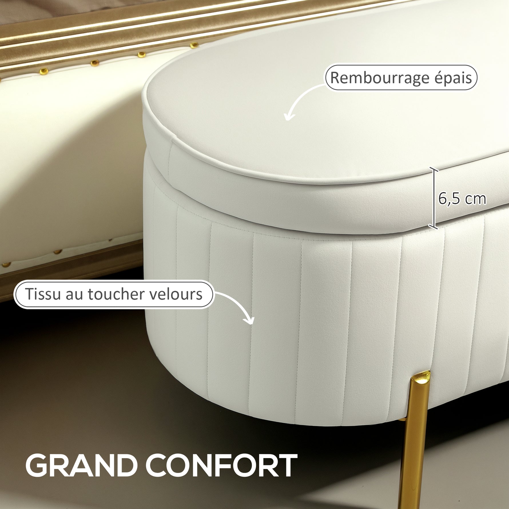 Banc de rangement, bout de lit en velours avec couvercle, pieds en métal, capacité 72 L, 108x44x43,5cm, crème-3
