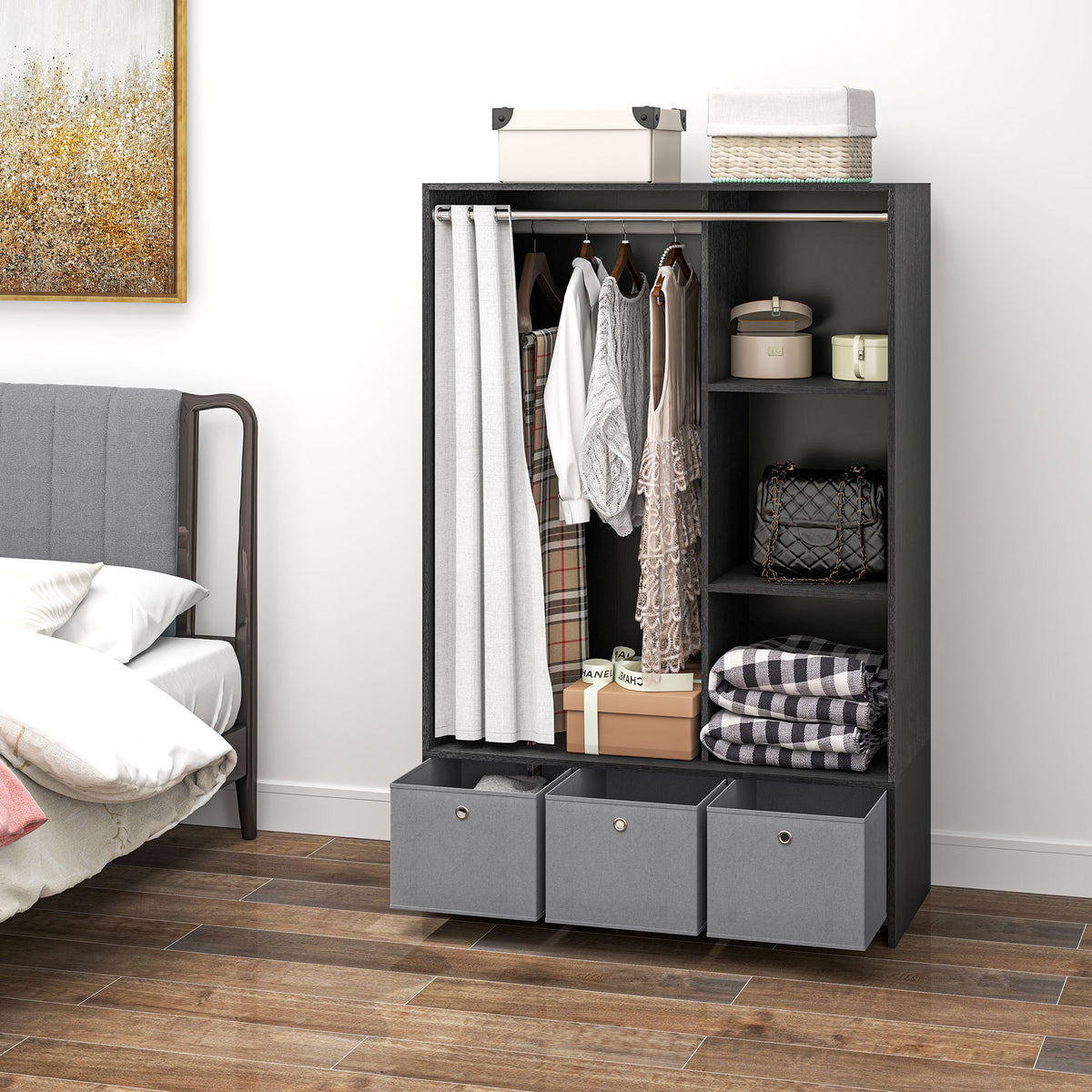 Armoire penderie armoire de rangement avec tringle rideaux 3 niches et 3 tiroirs en tissu amovibles 105 x 48 x 160 cm