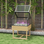 Miniserre op poten afm. 60L x 57b x 103H cm, dubbel openslaand dak, polycarbonaat panelen, staal, behandeld dennenhout