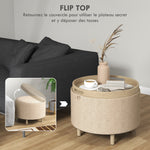 Pouf rotondo poggiapiedi sgabello con vano contenitore, vassoio reversibile, mobile 3 in 1 gambe in legno beige