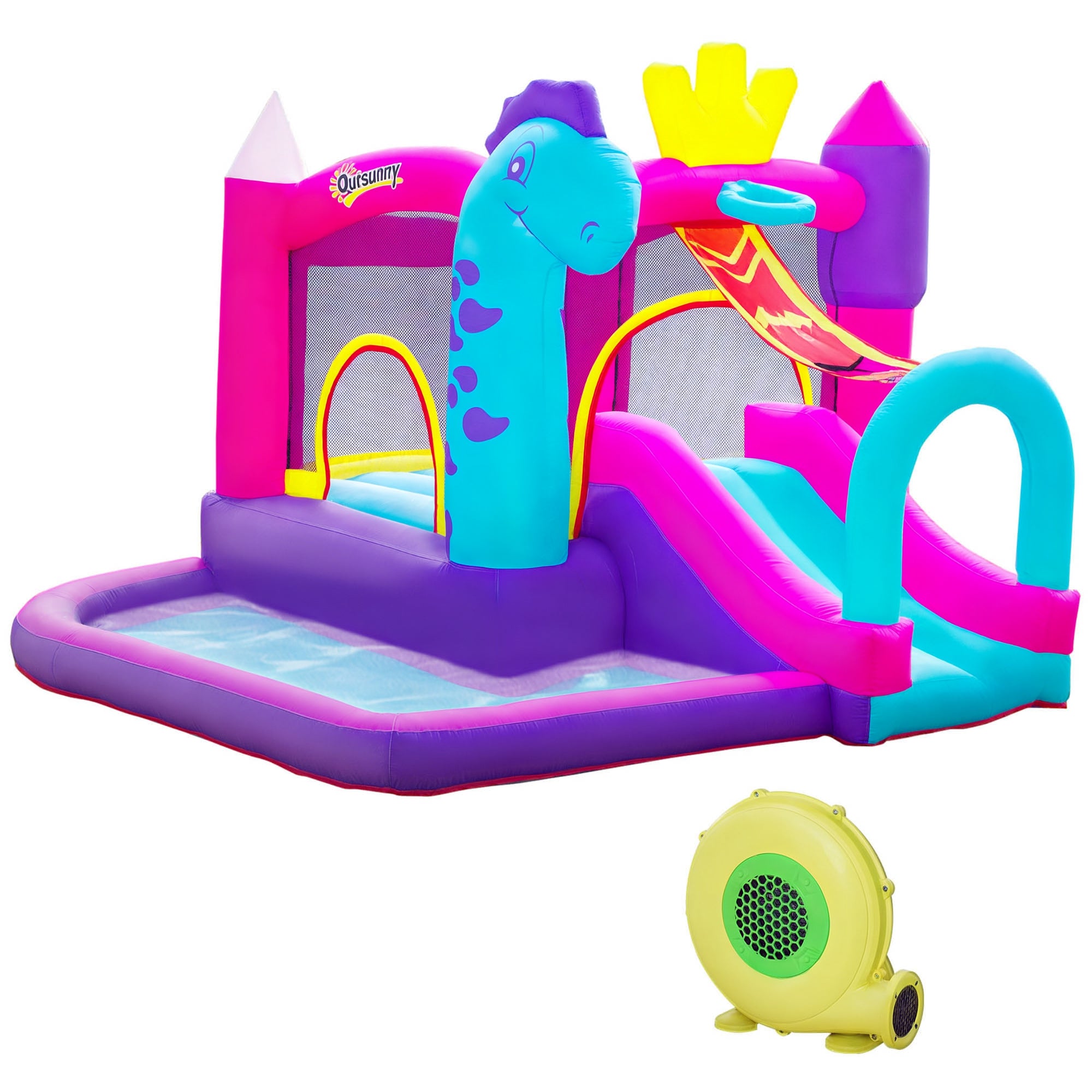 Château Gonflable avec Toboggan, Trampoline, Aire de Jeux Piscine et Panier Jusqu'à 3 Enfants +3 Ans gonfleur et Sac de Transport Souffleur 350W inclus dim. 300L x 270l x 200H cm Multicolore