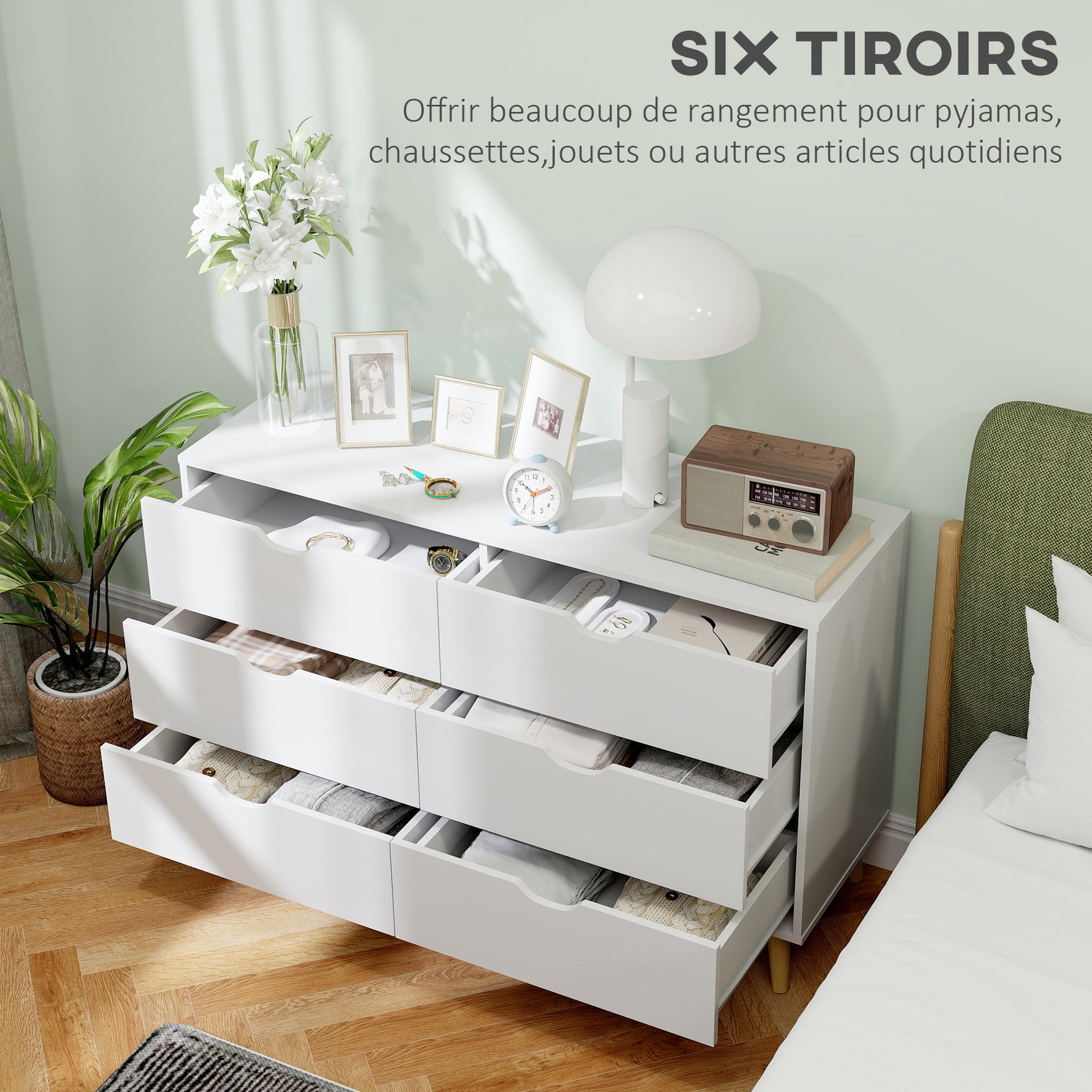 Commode 6 tiroirs meuble de rangement 5 pieds biseautés en bois  120 x 40 x 76 cm blanc