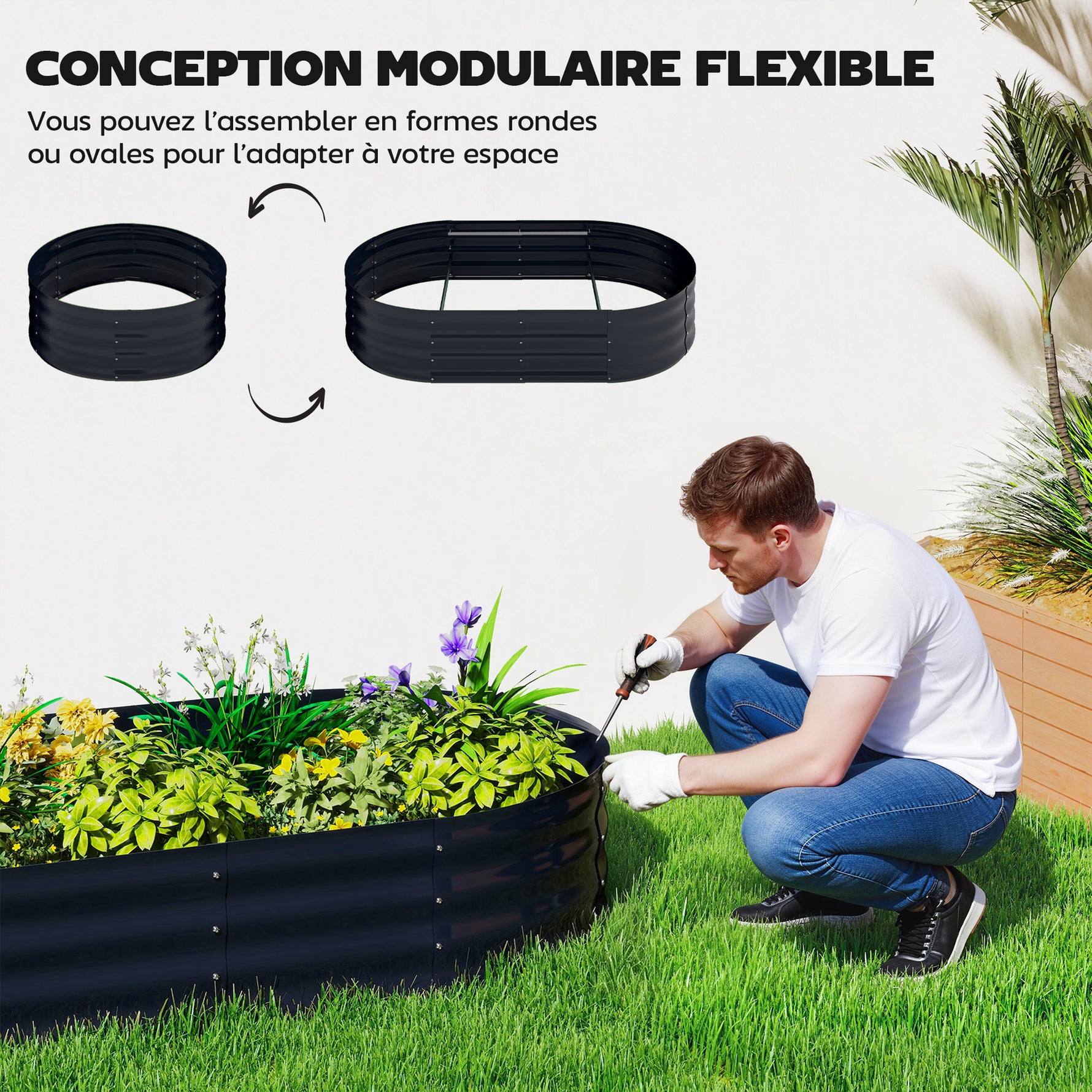 Jardinière avec treillis arqué, bac à fleurs en métal avec fond ouvert, gants inclus, 160x90x180cm, gris foncé