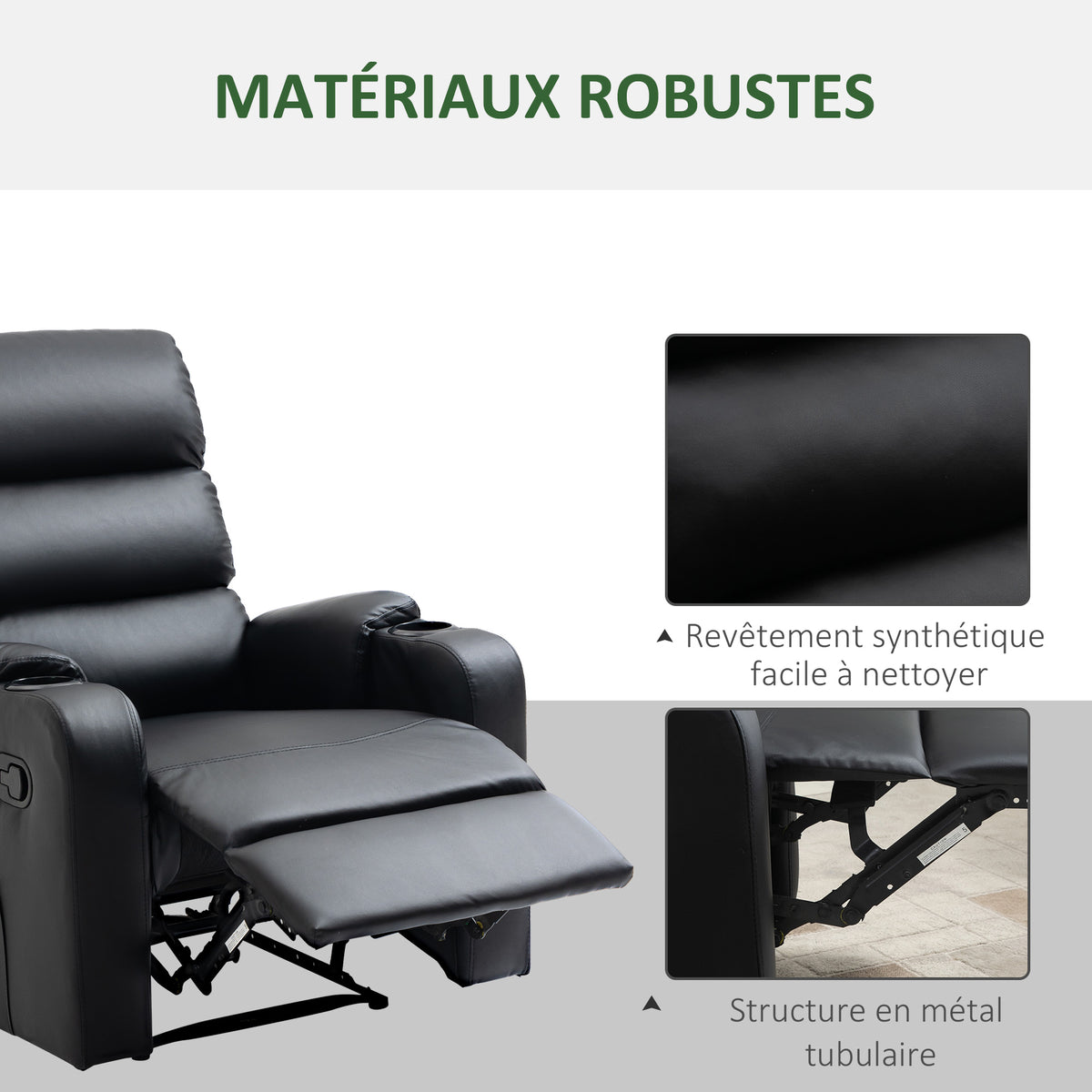 Poltrona relax reclinabile con poggiapiedi regolabile, rivestimento sintetico nero