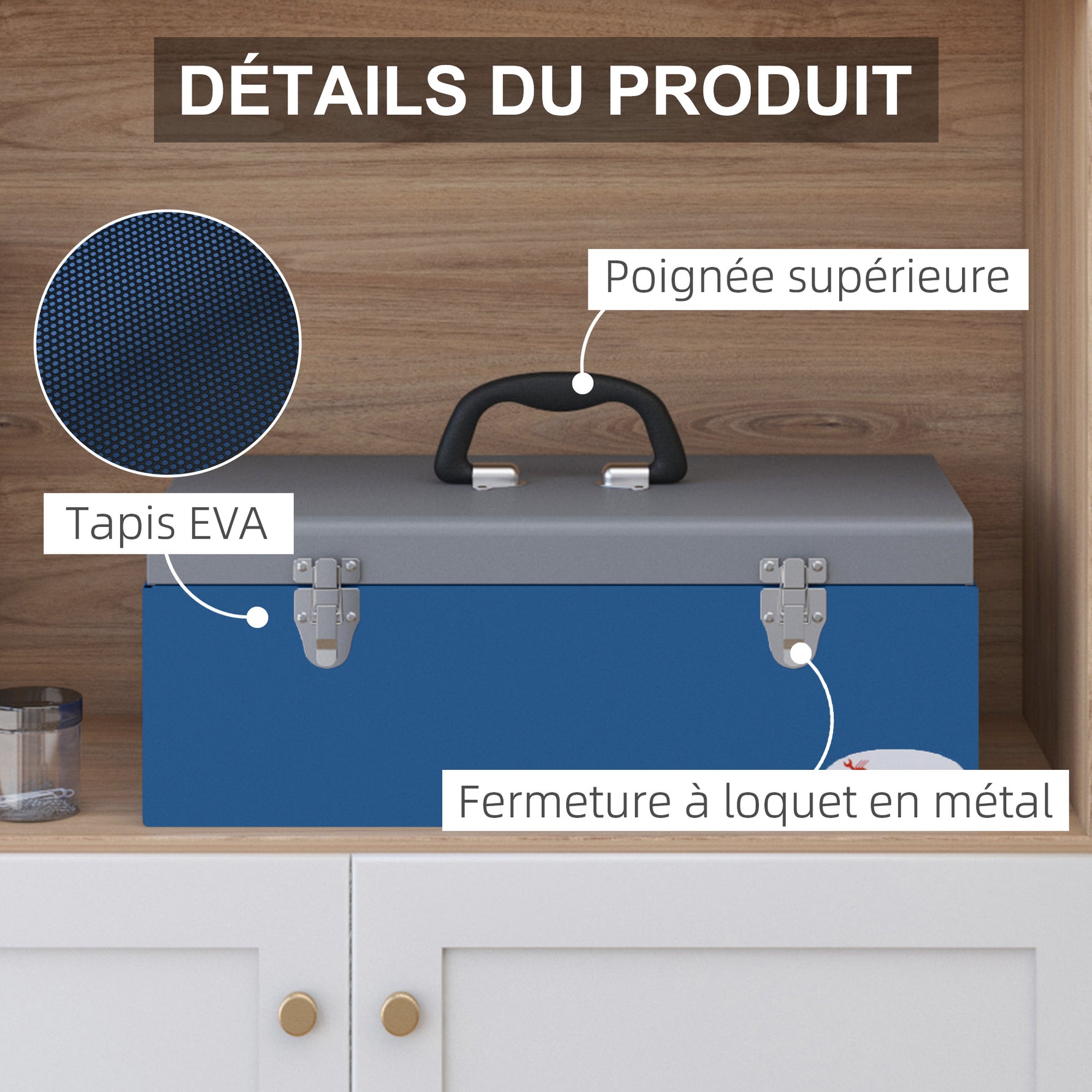 Caisse boite à outils en métal transportable avec 3 poignées, 2 loquets, dim. 50L x 26l x 18,5H cm, bleu