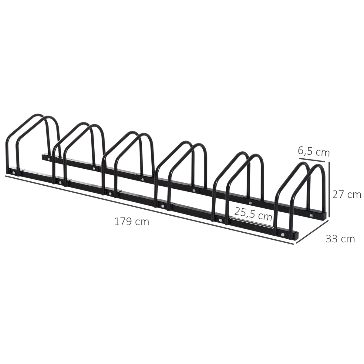 Râtelier 6 vélos range-vélos support de rangement pneu 65 mm sol ou mural pour VTT enfants BMX 179 x 33 x 27 cm acier noir
