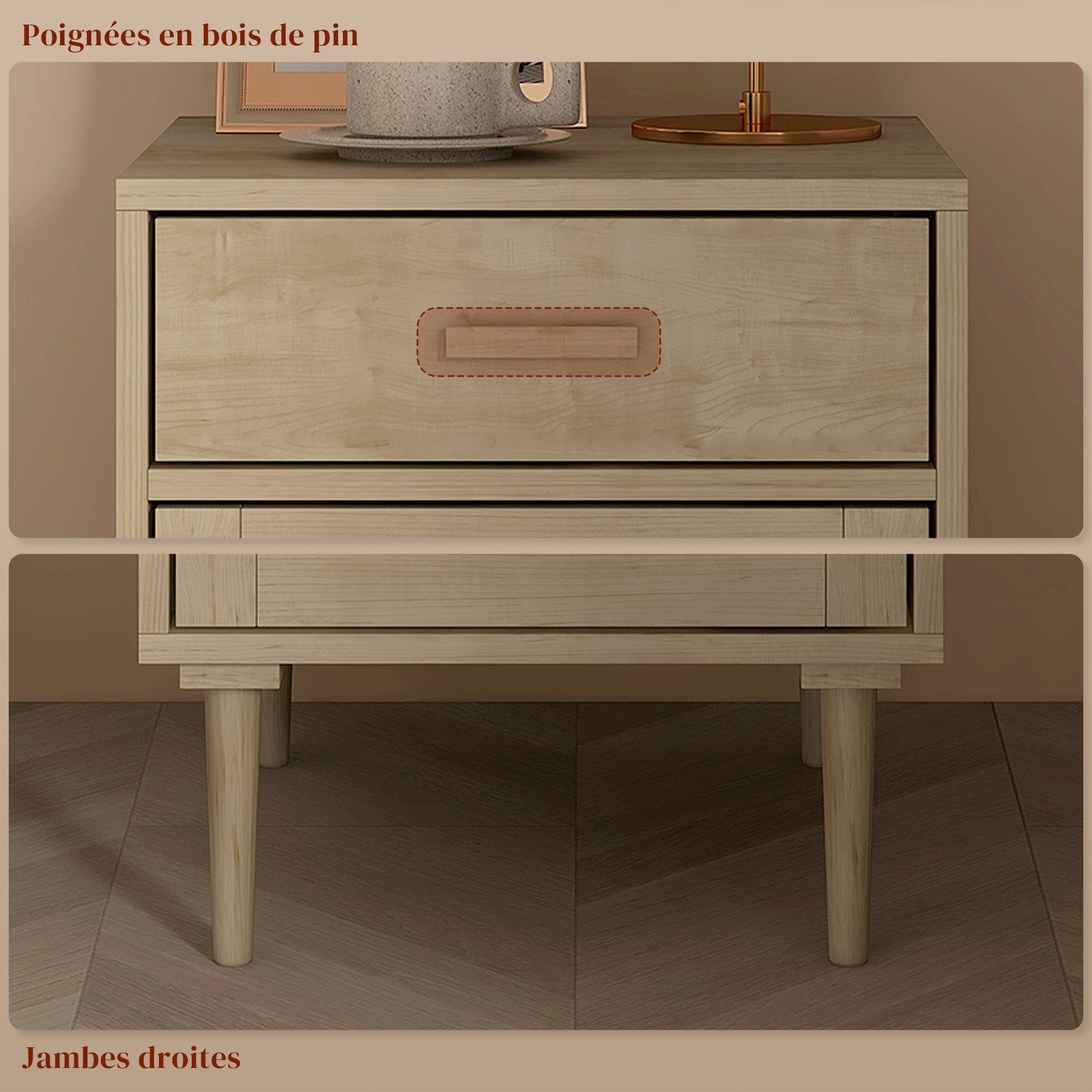 Lot de 2 tables de chevet avec placard et étagère porte rotin tissé 1 tiroir design bohème - 40 x 40 x 68,5 cm naturel