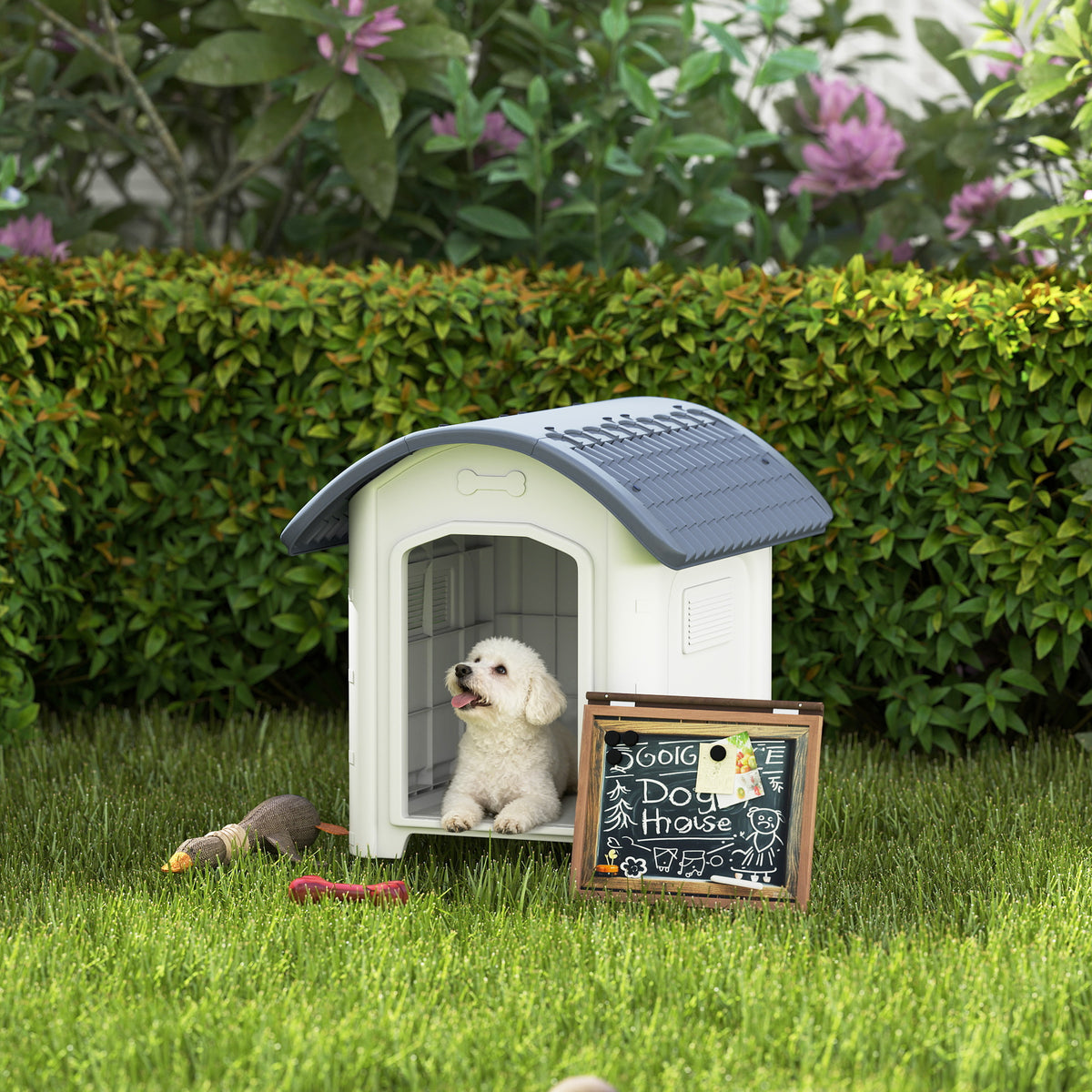 Niche pour Chien Extérieur, Maison pour Chien en Plastique avec Sol Surélevé et Amovible, Toit Imperméable, Gris