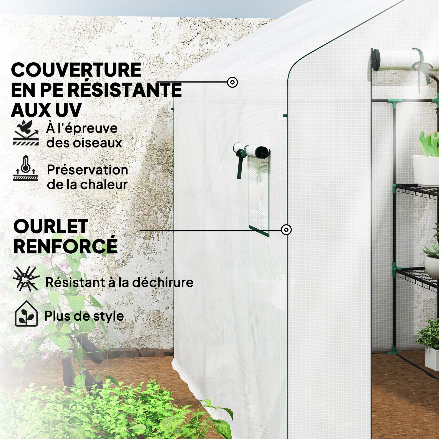 Serre de jardin 3 m² avec étagères 3 niveaux, PE renforcée 135 g/m² anti-UV, porte enroulable et fenêtres en maille