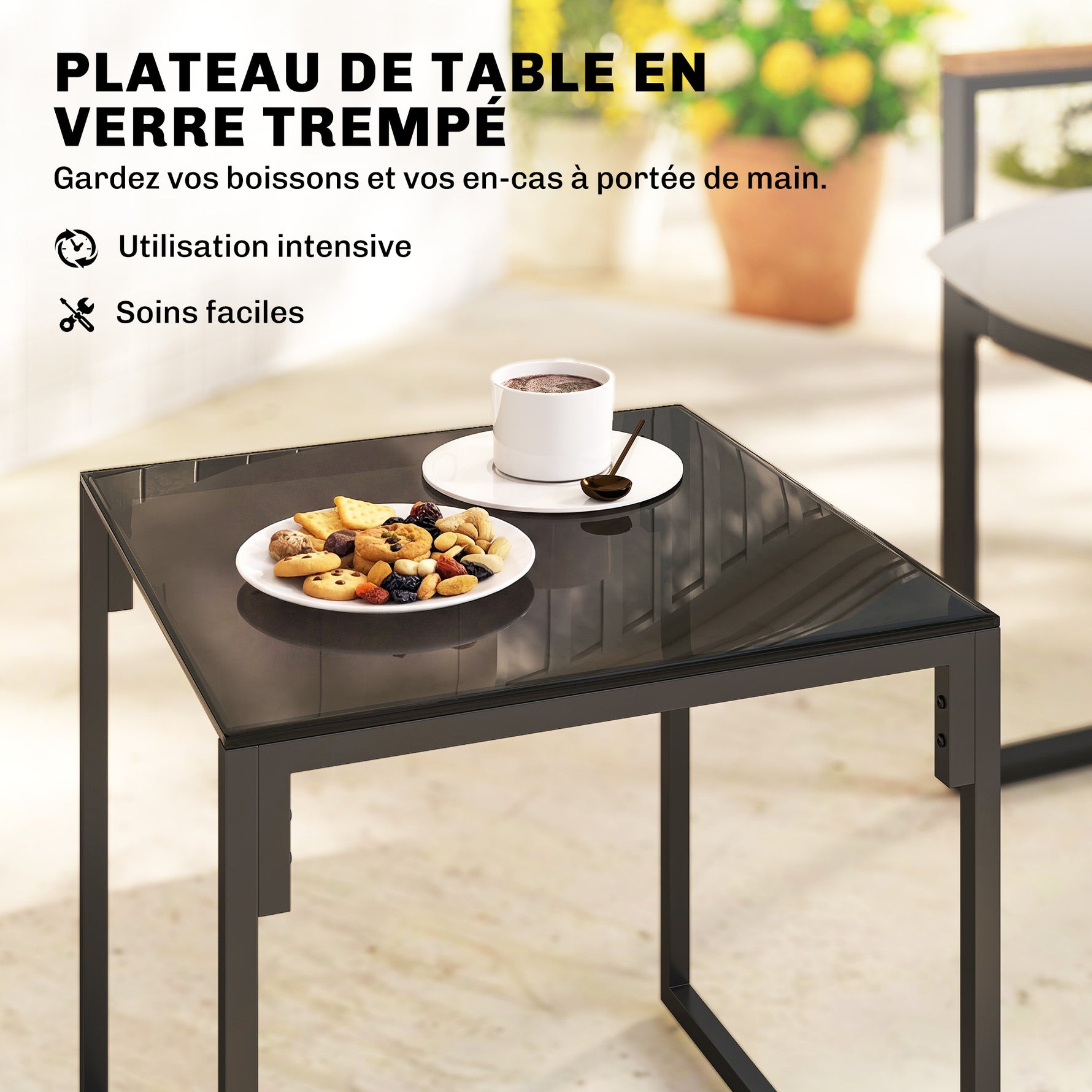 Salon de jardin 3 pièces 2 places avec 2 fauteuils 1 table basse, plateau en verre trempé et coussins, gris
