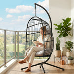 Fauteuil Œuf Suspendu Pliable avec Support Coussin 15cm et Appui-tête Gain de Place Résine Tressée 101x105x196cm Gris