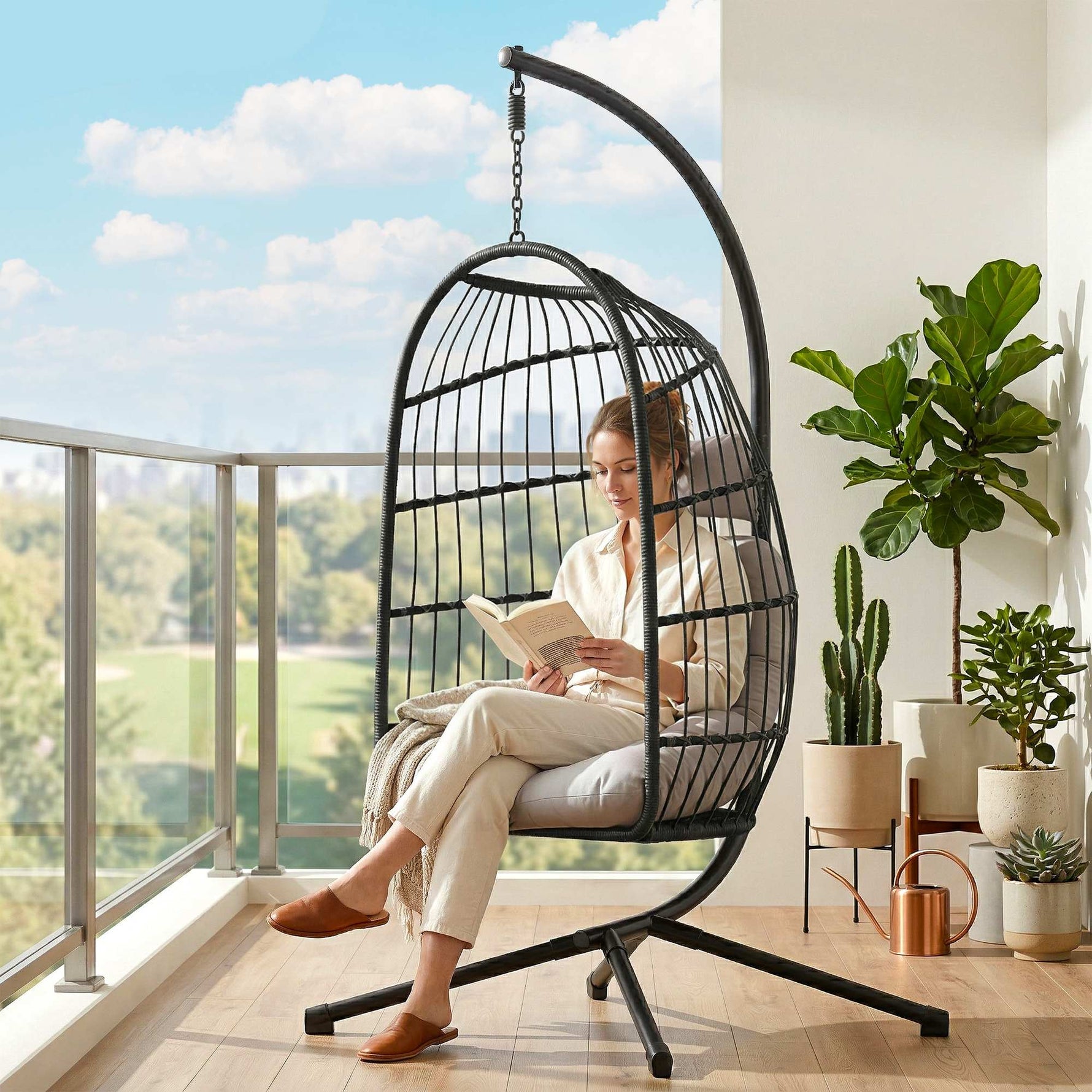Fauteuil Œuf Suspendu Pliable avec Support Coussin 15cm et Appui-tête Gain de Place Résine Tressée 101x105x196cm Gris