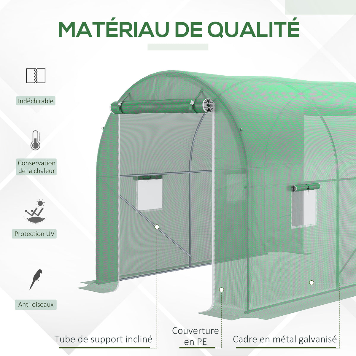 Serre de Jardin Tunnel Surface Sol 6 m² 3L x 2l x 2,10H m châssis Tubulaire renforcé Porte zippée 4 fenêtres enroulables cadre en métal Vert