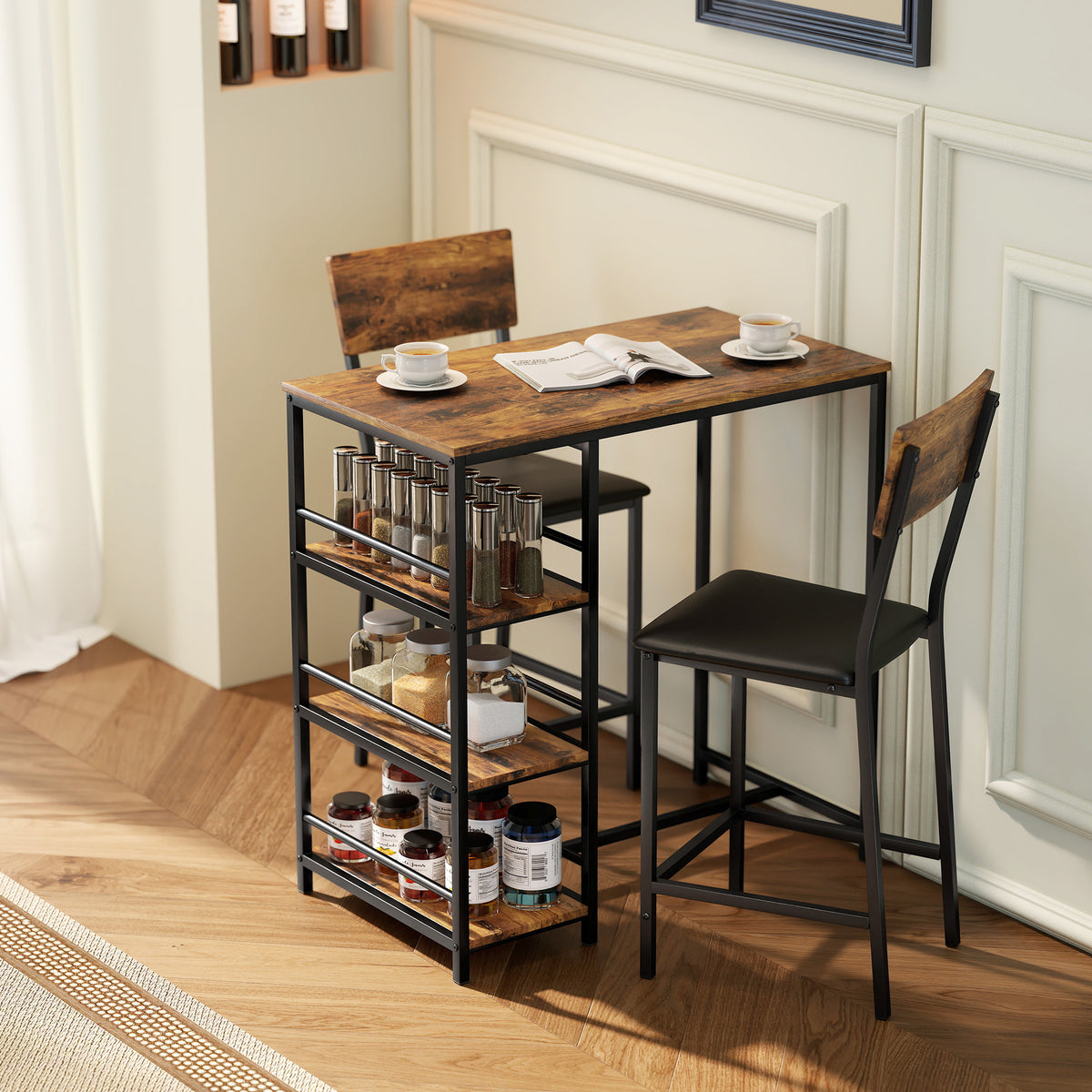 Conjunto de mesa de bar con 2 taburetes, mesa alta de cocina y 2 sillas de bar acolchadas de PU, marrón rústico