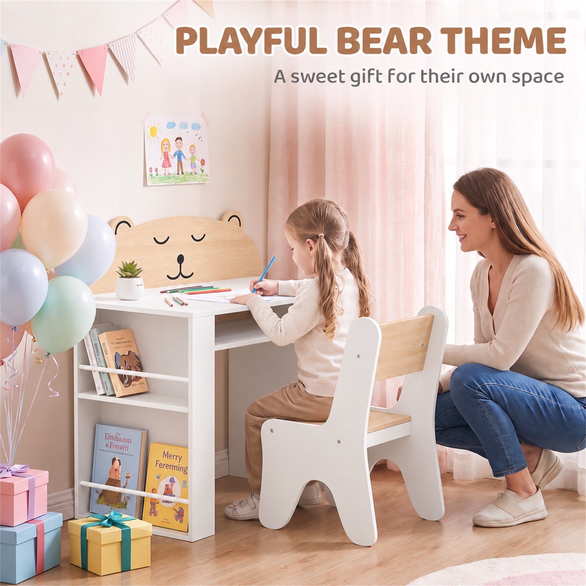 Scrivania e sedia per bambini 2 pezzi, set tavolo attività con libreria per disegno, lettura e giochi, bianco
