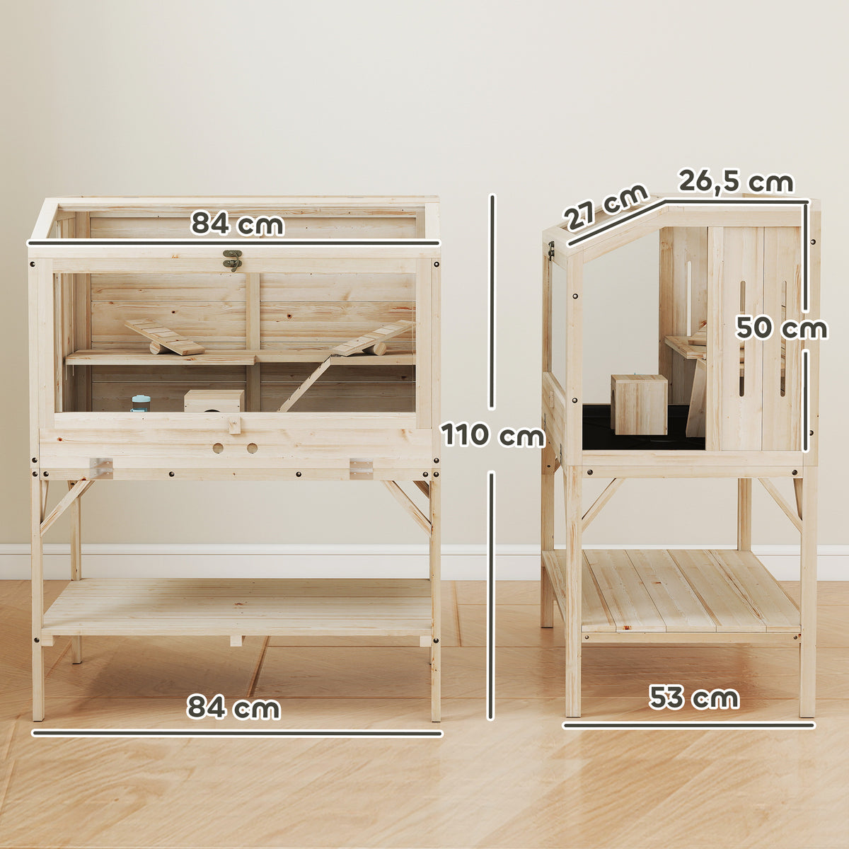 Jaula de madera para hámster, jaula para roedores de 2 niveles, estante de almacenamiento, tapa abatible, 84 x 53 x 110 cm, madera natural