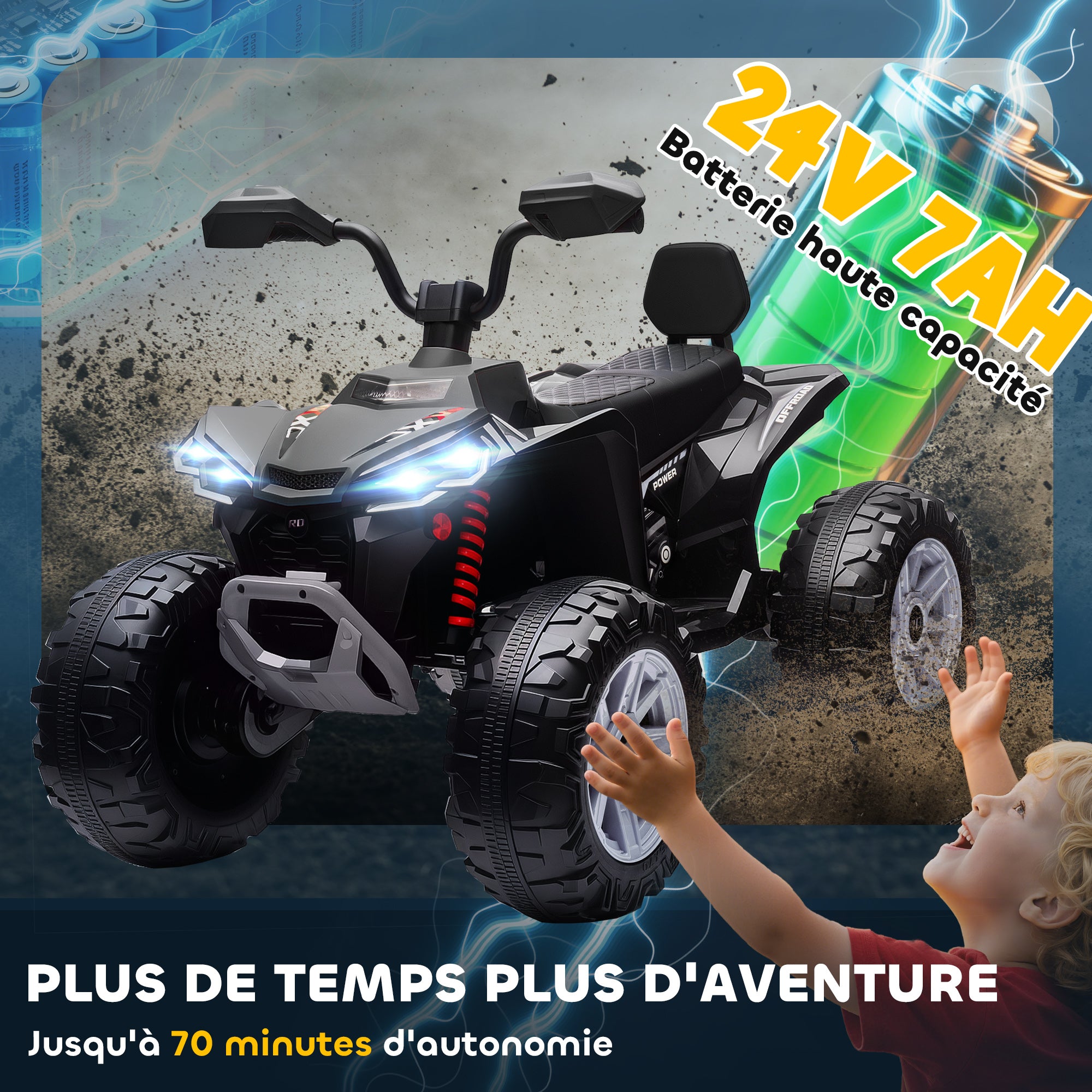 Elektro-Quad für Kinder 24V, Elektroauto für Kinder ATV, Doppelmotor, Scheinwerfer, USB- und MP3-Anschluss, 109x68,5x76cm, schwarz