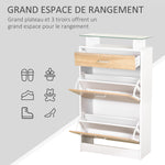 Armoire à Chaussures Meuble rangement Chaussures 2 Portes abattantes 2 Compartiments, tiroir, Plateau en Verre - Bois chêne Blanc
