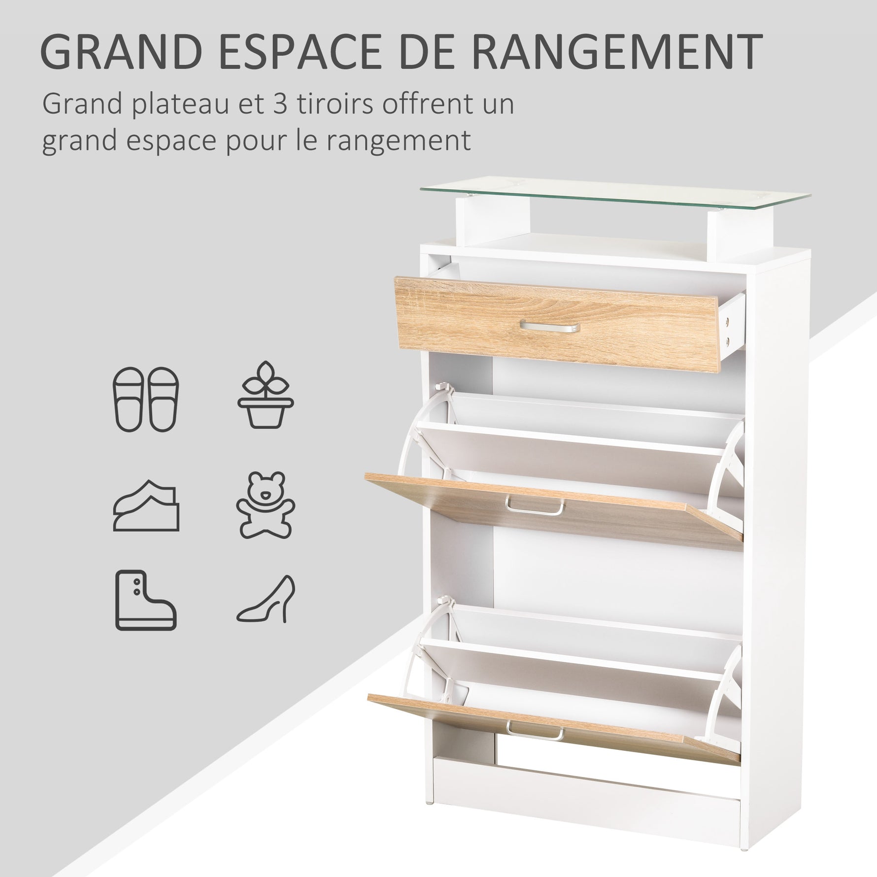 Armoire à Chaussures Meuble rangement Chaussures 2 Portes abattantes 2 Compartiments, tiroir, Plateau en Verre - Bois chêne Blanc
