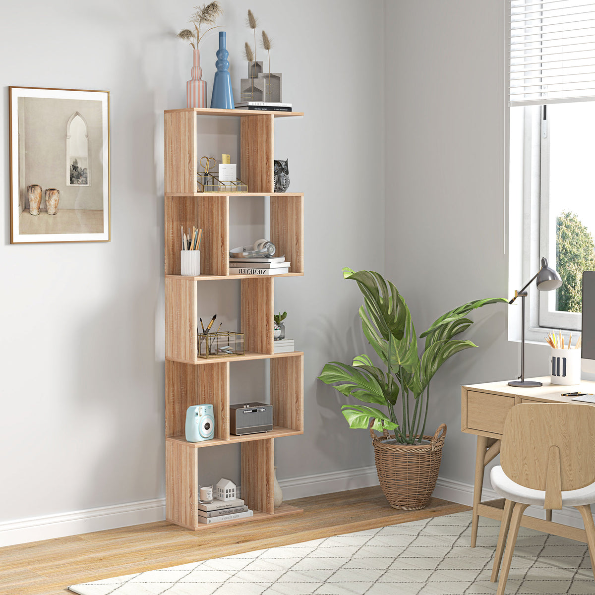 Bibliothèque à 5 niveaux, meuble de rangement en forme de S avec étagères, 60 x 24 x 184,5 cm, effet bois naturel