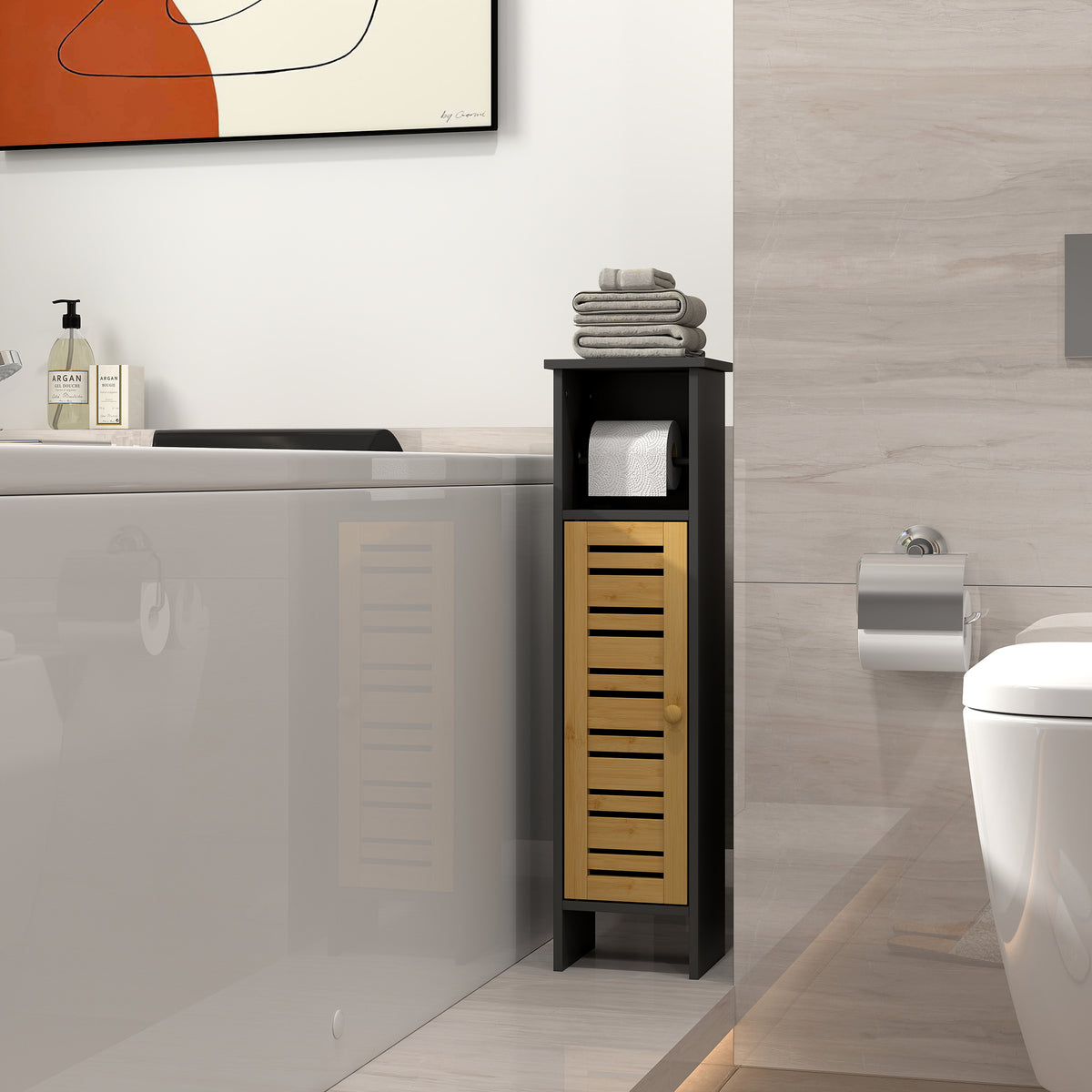 Meuble de salle de bain avec support papier toilette barre amovible 3 Niveaux + Sortie Papier, 78H cm, Bambou noir